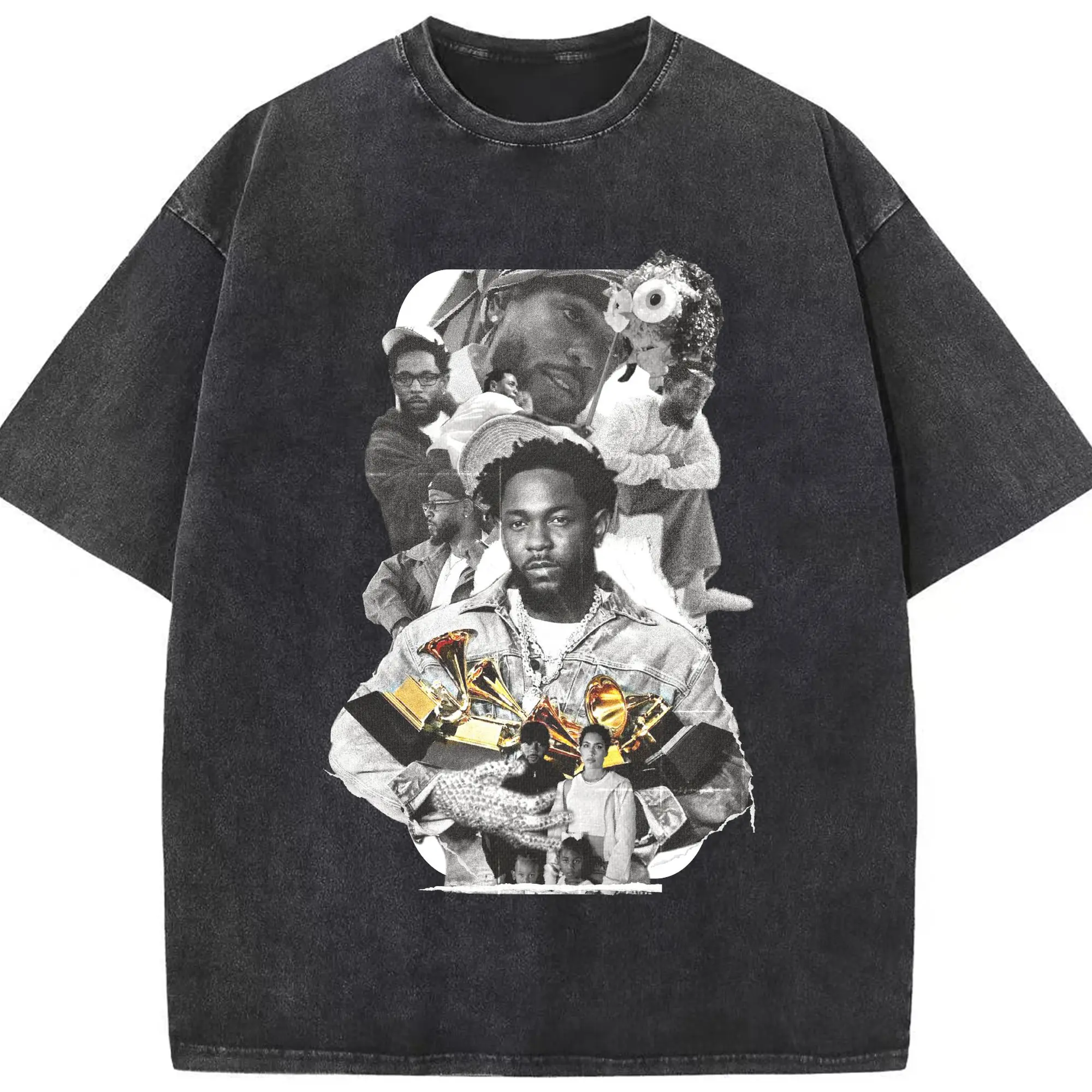 Kendrick Lamar Retro Collage Grammy Hip-Hop DIY - Washed Vintage Look 230g Cotton Oversized T-Shirt With Front Heat Transfer Print – Soft, Lightweight, Stylish Fit – Comfortable Casual Wear For Sports & Everyday Use
