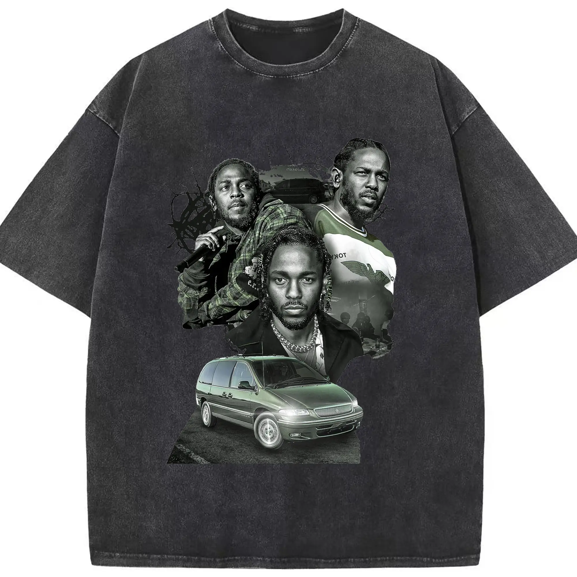 Kendrick Lamar-Inspired Retro Street Hip-Hop Trend DIY - Washed Vintage Look 230g Cotton Oversized T-Shirt With Front Heat Transfer Print – Soft, Lightweight, Stylish Fit – Comfortable Casual Wear For Sports & Everyday Use