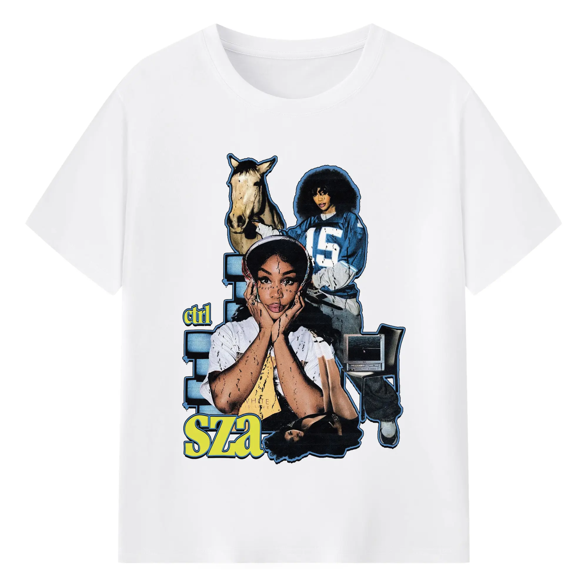 SZA《Ctrl》Retro Collage DIY - 180g Cotton T-Shirt With Front Heat Transfer Print – Soft, Lightweight, Fitted Design – Comfortable Casual Wear For Sports & Everyday Use