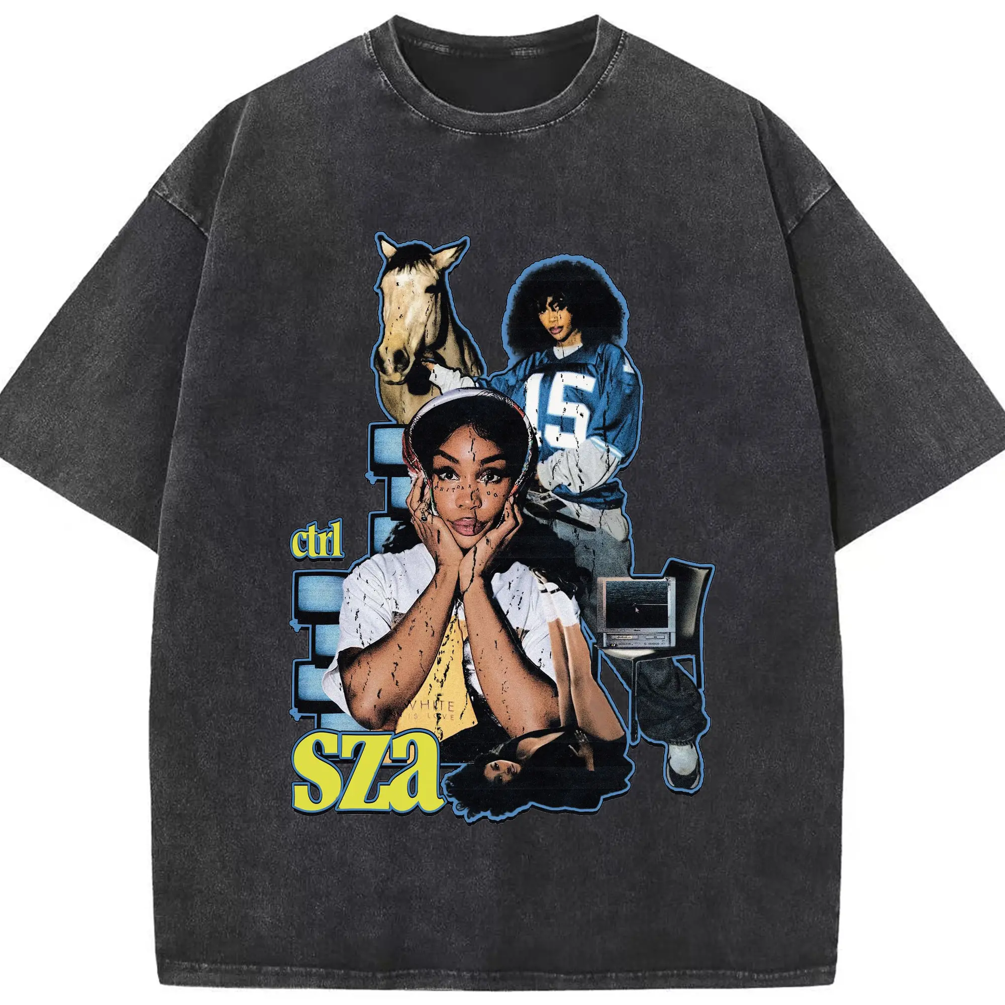 SZA《Ctrl》Retro Collage DIY - Washed Vintage Look 230g Cotton Oversized T-Shirt With Front Heat Transfer Print – Soft, Lightweight, Stylish Fit – Comfortable Casual Wear For Sports & Everyday Use