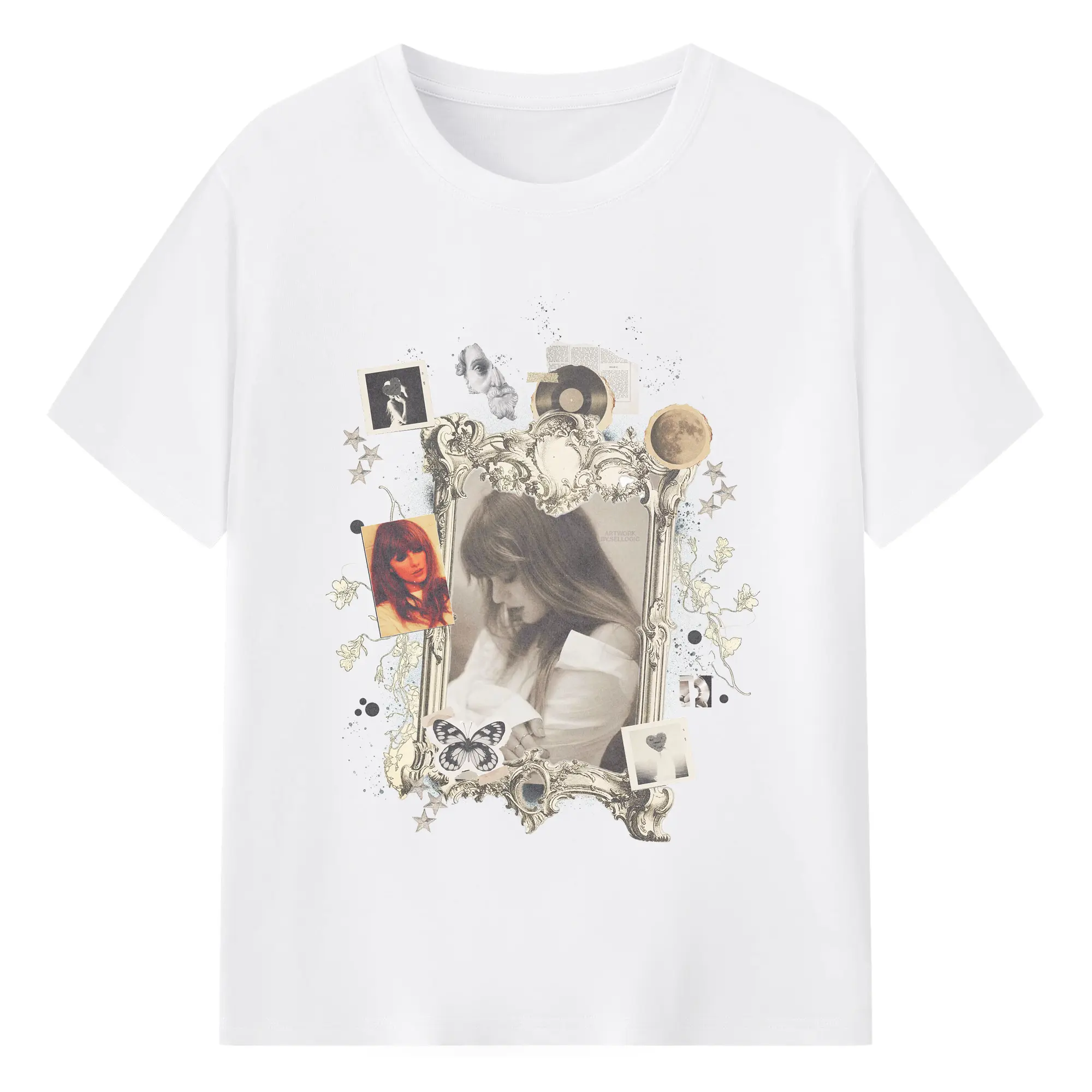 Taylor Swift Dreamy Romantic Texture Ornate Frame Collage DIY - 180g Cotton T-Shirt With Front Heat Transfer Print – Soft, Lightweight, Fitted Design – Comfortable Casual Wear For Sports & Everyday Use