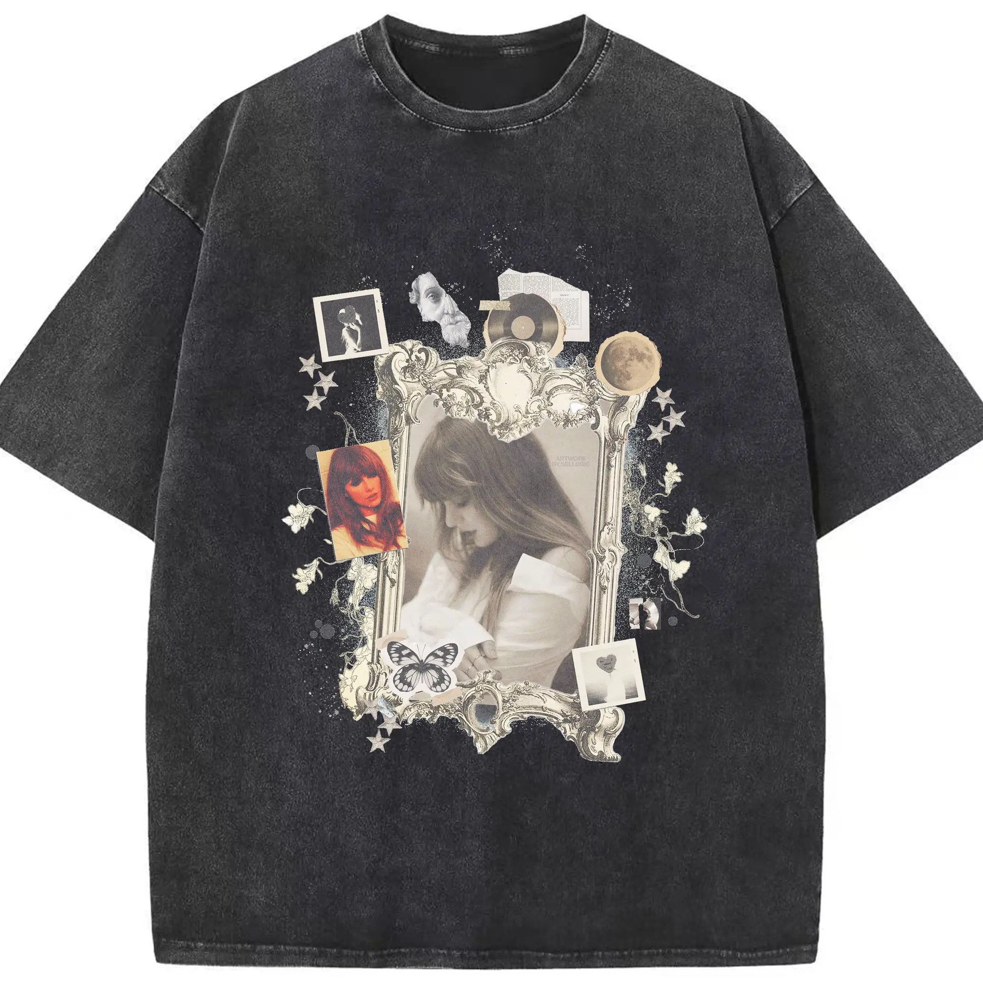 Taylor Swift Dreamy Romantic Texture Ornate Frame Collage DIY - Washed Vintage Look 230g Cotton Oversized T-Shirt With Front Heat Transfer Print – Soft, Lightweight, Stylish Fit – Comfortable Casual Wear For Sports & Everyday Use