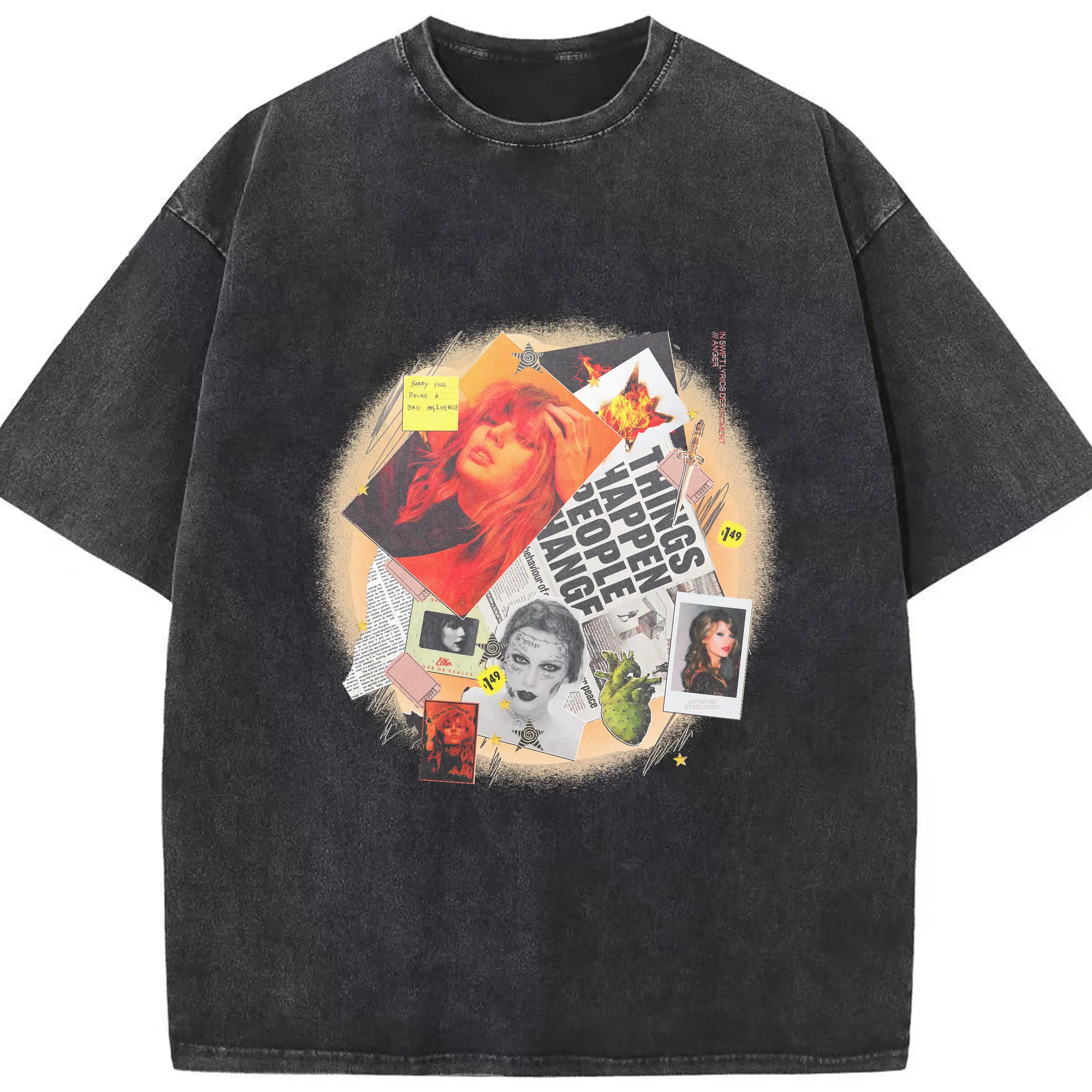 Taylor Swift Vintage Collage Dark Romantic DIY - Washed Vintage Look 230g Cotton Oversized T-Shirt With Front Heat Transfer Print – Soft, Lightweight, Stylish Fit – Comfortable Casual Wear For Sports & Everyday Use