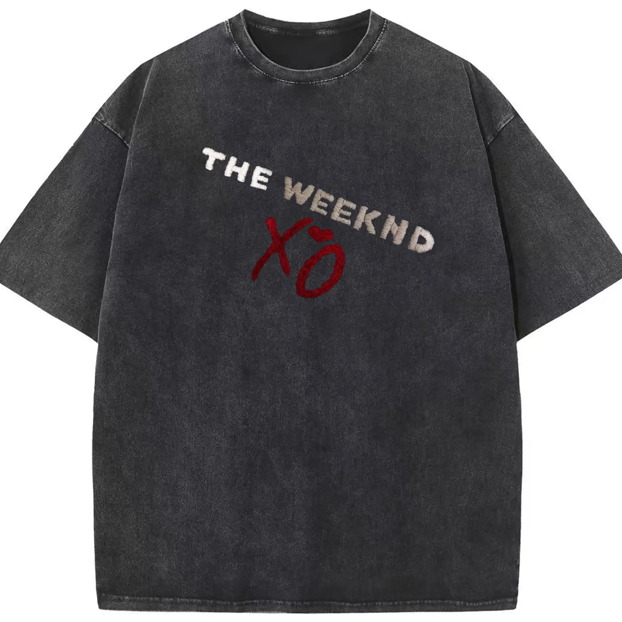 The Weeknd XO Embroidered DIY - Washed Vintage Look 230g Cotton Oversized T-Shirt With Front Heat Transfer Print – Soft, Lightweight, Stylish Fit – Comfortable Casual Wear For Sports & Everyday Use