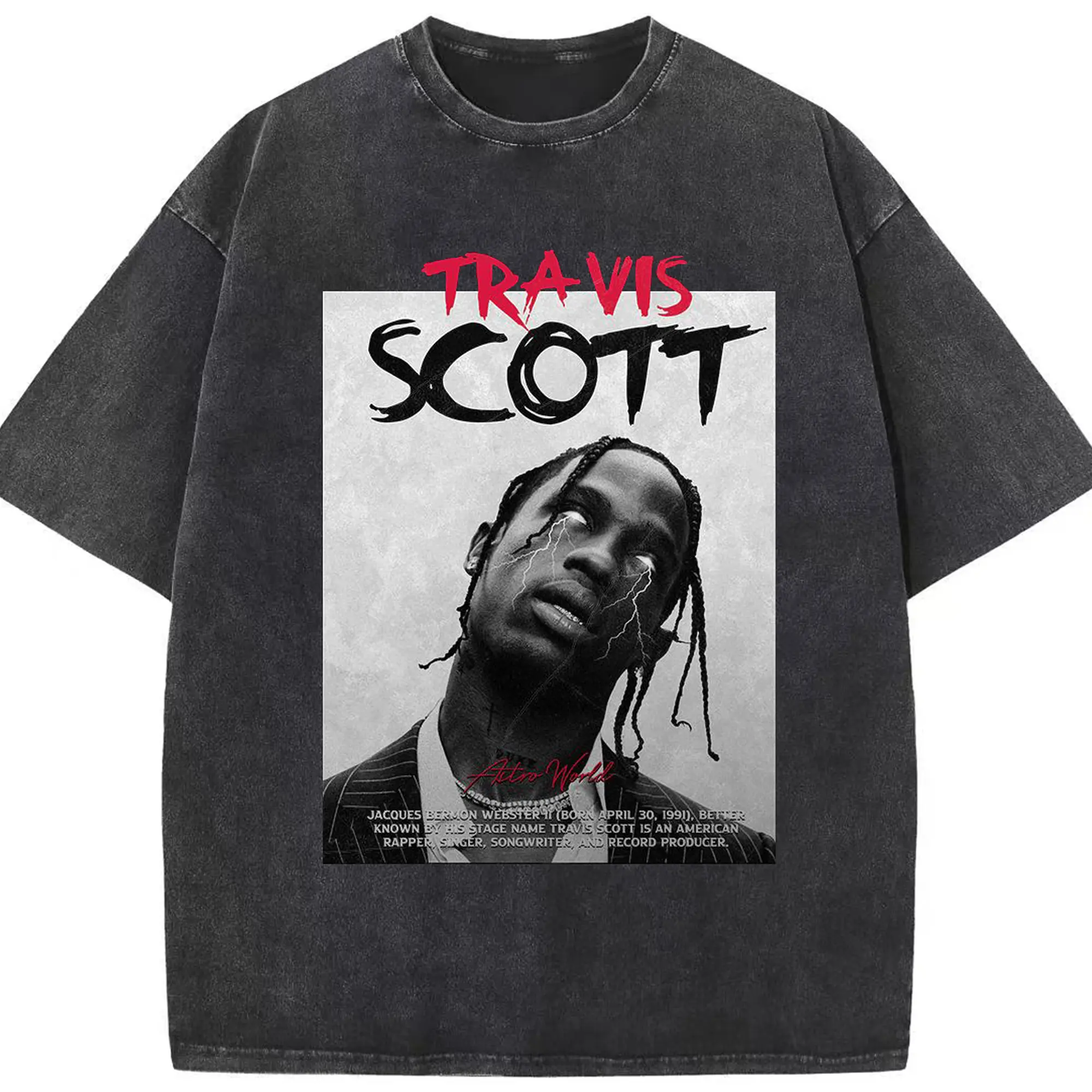 Travis Scott ASTROWORLD Vintage Dark DIY - Washed Vintage Look 230g Cotton Oversized T-Shirt With Front Heat Transfer Print – Soft, Lightweight, Stylish Fit – Comfortable Casual Wear For Sports & Everyday Use