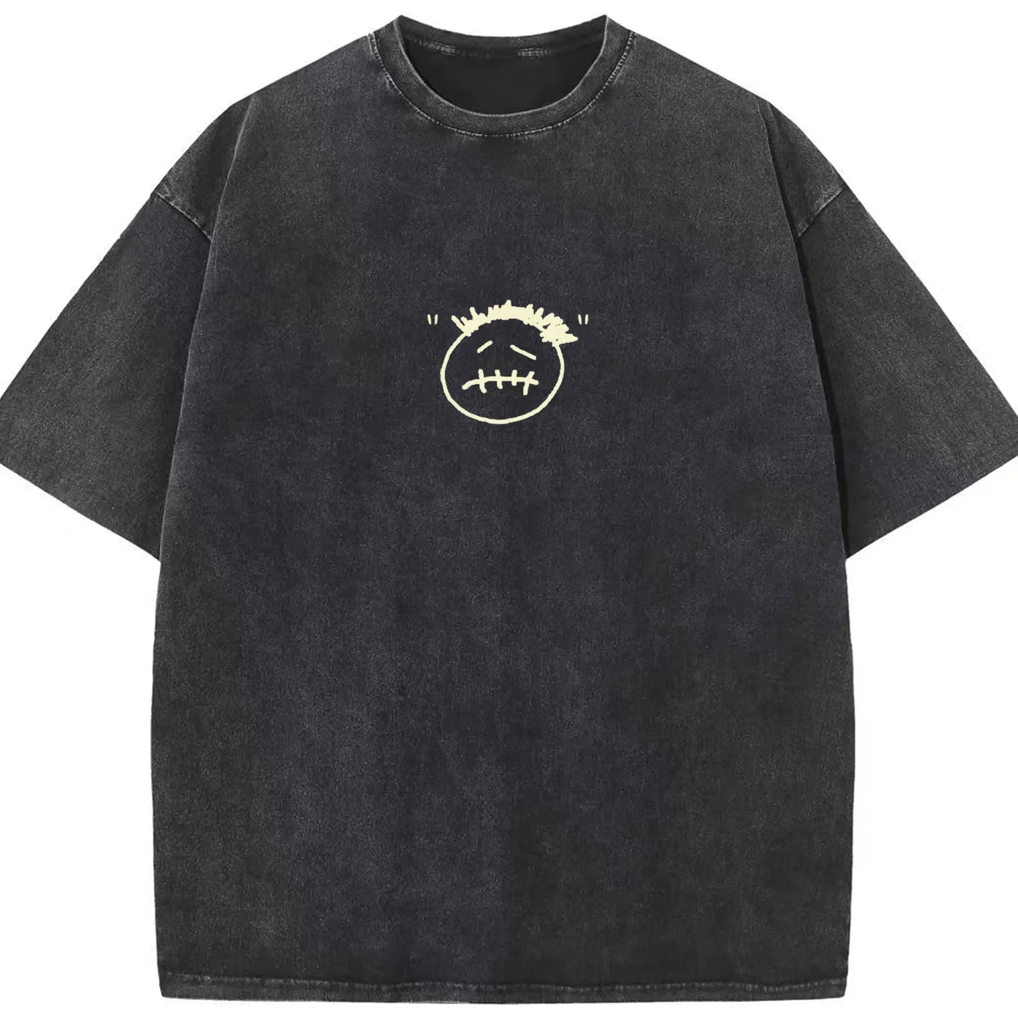 Travis Scott Hand-drawn Sad Face Logo DIY - Washed Vintage Look 230g Cotton Oversized T-Shirt With Front Heat Transfer Print – Soft, Lightweight, Stylish Fit – Comfortable Casual Wear For Sports & Everyday Use