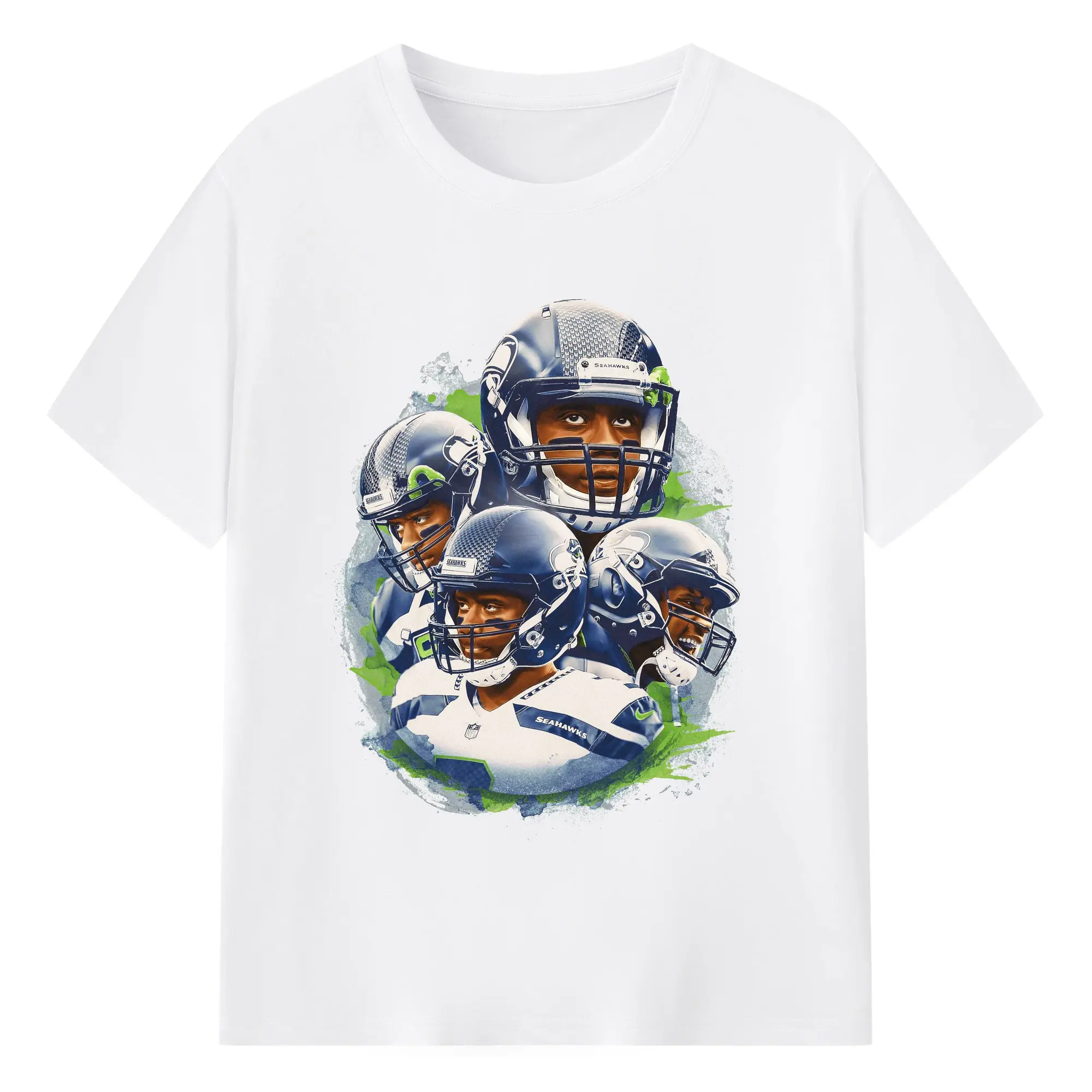 Russell Wilson Seattle Seahawks Watercolor Team Collage DIY Shirt - 180g Cotton T-Shirt With Front Heat Transfer Print – Soft, Lightweight, Fitted Design – Comfortable Casual Wear For Sports & Everyday Use