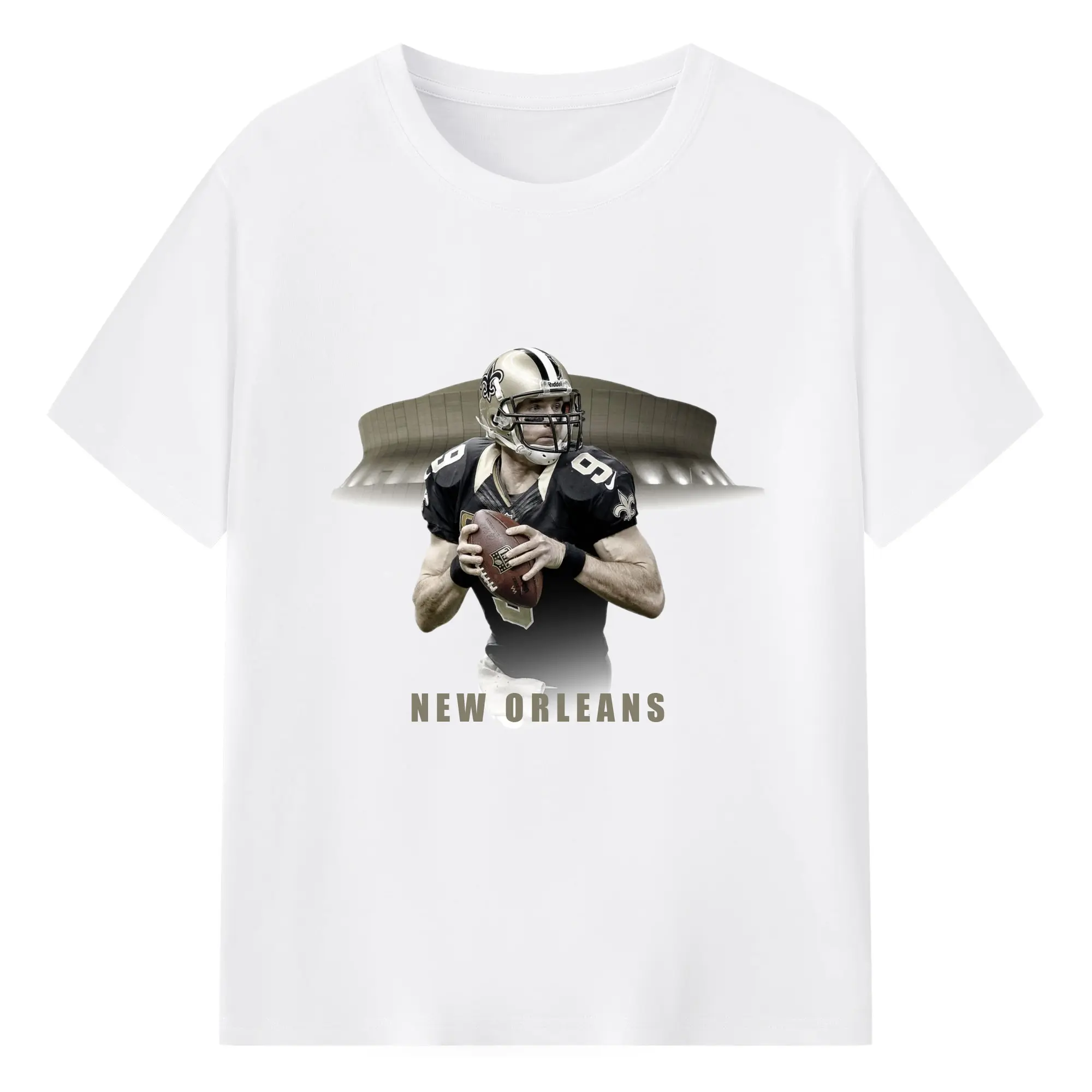 New Orleans Saints Drew Brees #9 NFL Star with Stadium DIY Shirt - 180g Cotton T-Shirt With Front Heat Transfer Print – Soft, Lightweight, Fitted Design – Comfortable Casual Wear For Sports & Everyday Use