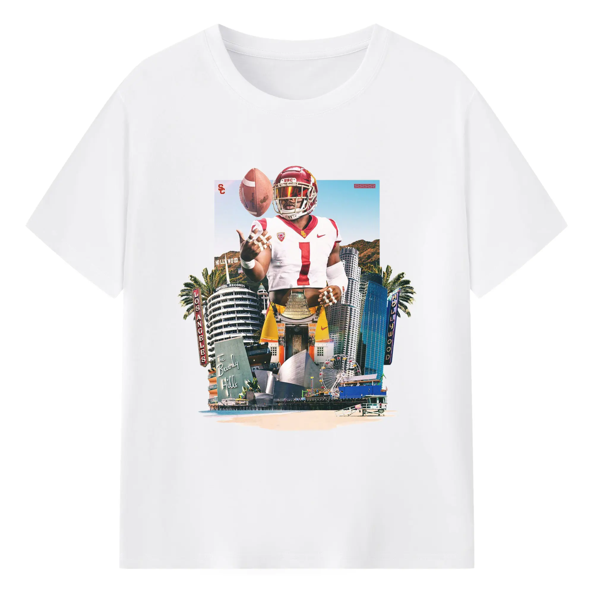 Caleb Williams “USC Trojans #1 + Los Angeles Landmarks” DIY Shirt - 180g Cotton T-Shirt With Front Heat Transfer Print – Soft, Lightweight, Fitted Design – Comfortable Casual Wear For Sports & Everyday Use