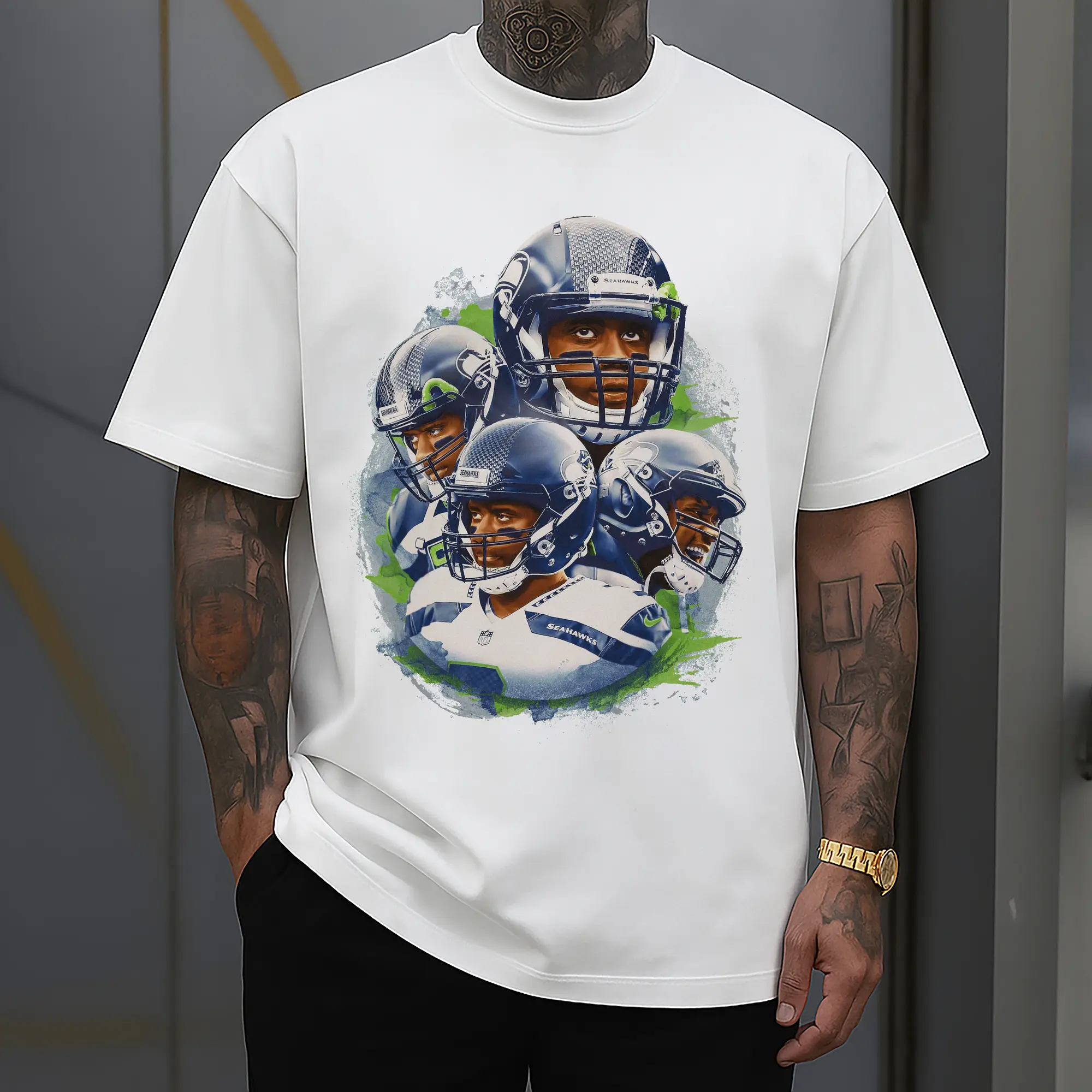 Russell Wilson Seattle Seahawks Watercolor Team Collage DIY Shirt