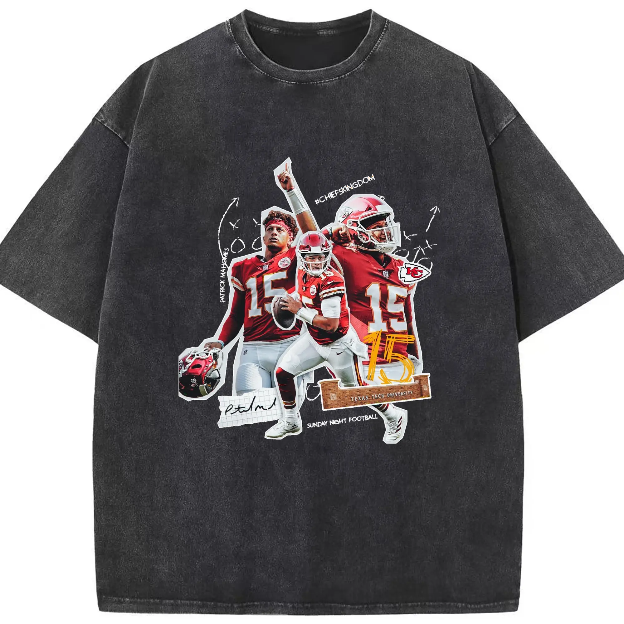 Patrick Mahomes #15 NFL Legend DIY Shirt - Washed Vintage Look 230g Cotton Oversized T-Shirt With Front Heat Transfer Print – Soft, Lightweight, Stylish Fit – Comfortable Casual Wear For Sports & Everyday Use