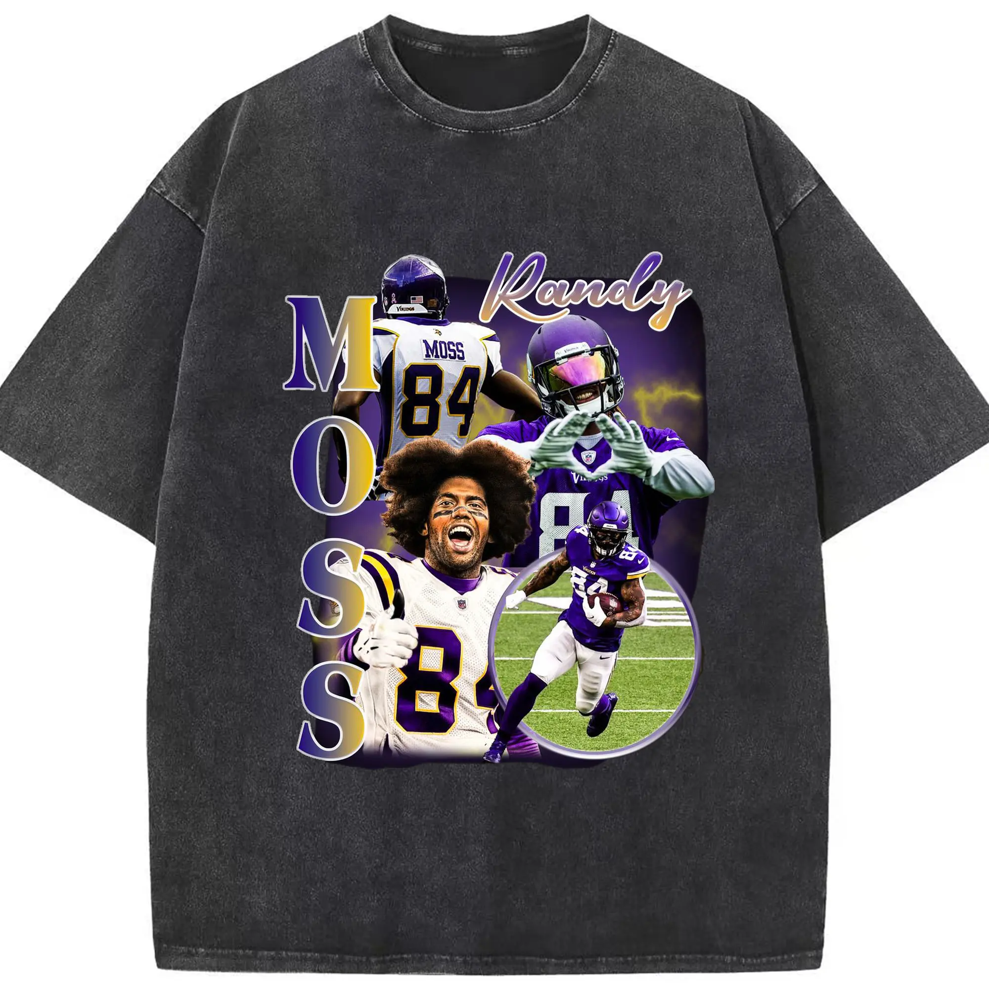 Randy Moss Minnesota Vikings #84 NFL Legend DIY Shirt - Washed Vintage Look 230g Cotton Oversized T-Shirt With Front Heat Transfer Print – Soft, Lightweight, Stylish Fit – Comfortable Casual Wear For Sports & Everyday Use
