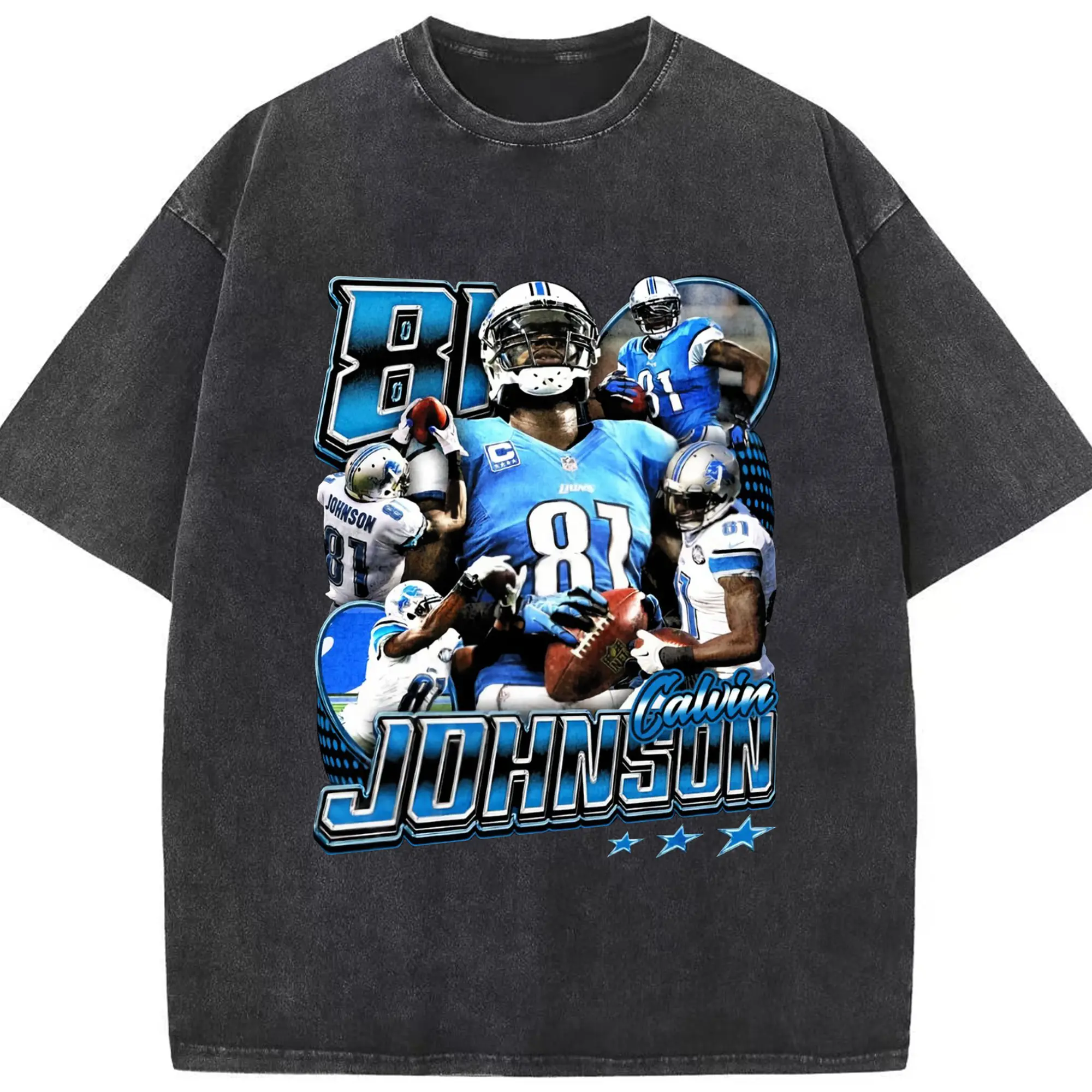 Calvin Johnson Detroit Lions NFL Star DIY Shirt - Washed Vintage Look 230g Cotton Oversized T-Shirt With Front Heat Transfer Print – Soft, Lightweight, Stylish Fit – Comfortable Casual Wear For Sports & Everyday Use