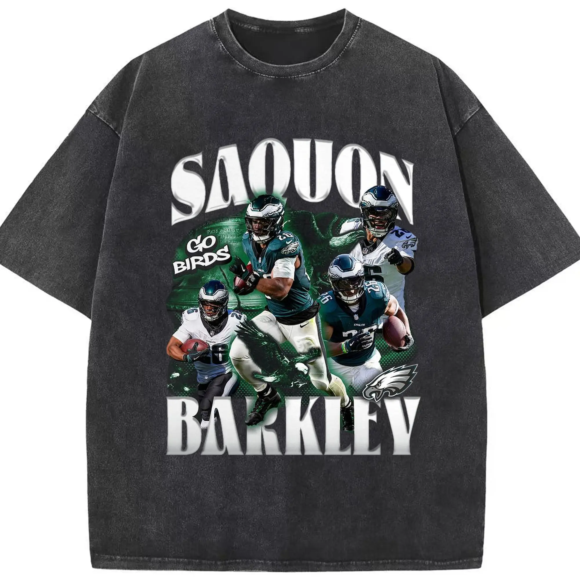 Saquon Barkley Philadelphia Eagles “Go Birds” DIY Shirt - Washed Vintage Look 230g Cotton Oversized T-Shirt With Front Heat Transfer Print – Soft, Lightweight, Stylish Fit – Comfortable Casual Wear For Sports & Everyday Use