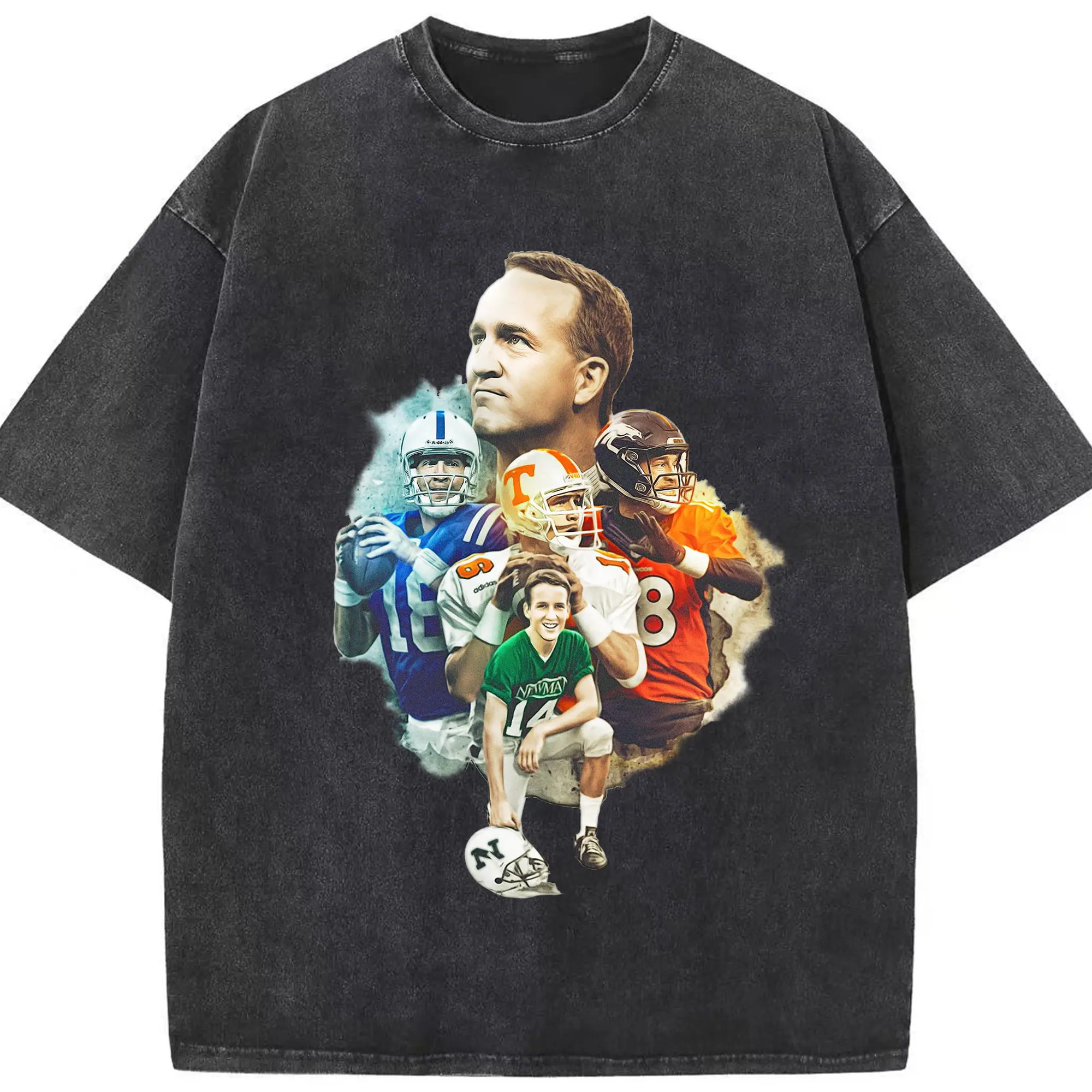 “Peyton Manning Colts & Broncos NFL Great” DIY Shirt - Washed Vintage Look 230g Cotton Oversized T-Shirt With Front Heat Transfer Print – Soft, Lightweight, Stylish Fit – Comfortable Casual Wear For Sports & Everyday Use