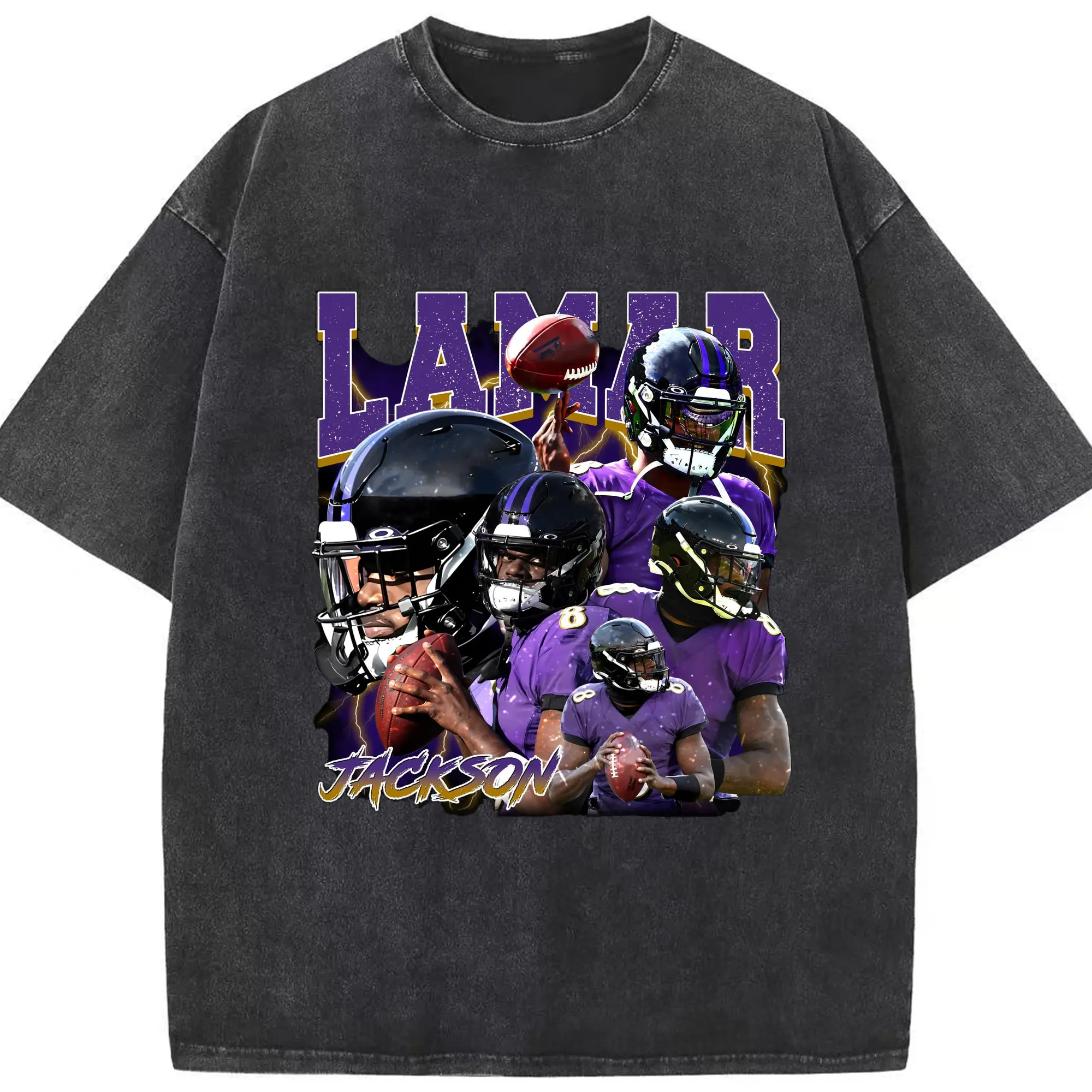 Lamar Jackson Baltimore Ravens #8 NFL Star DIY Shirt - Washed Vintage Look 230g Cotton Oversized T-Shirt With Front Heat Transfer Print – Soft, Lightweight, Stylish Fit – Comfortable Casual Wear For Sports & Everyday Use