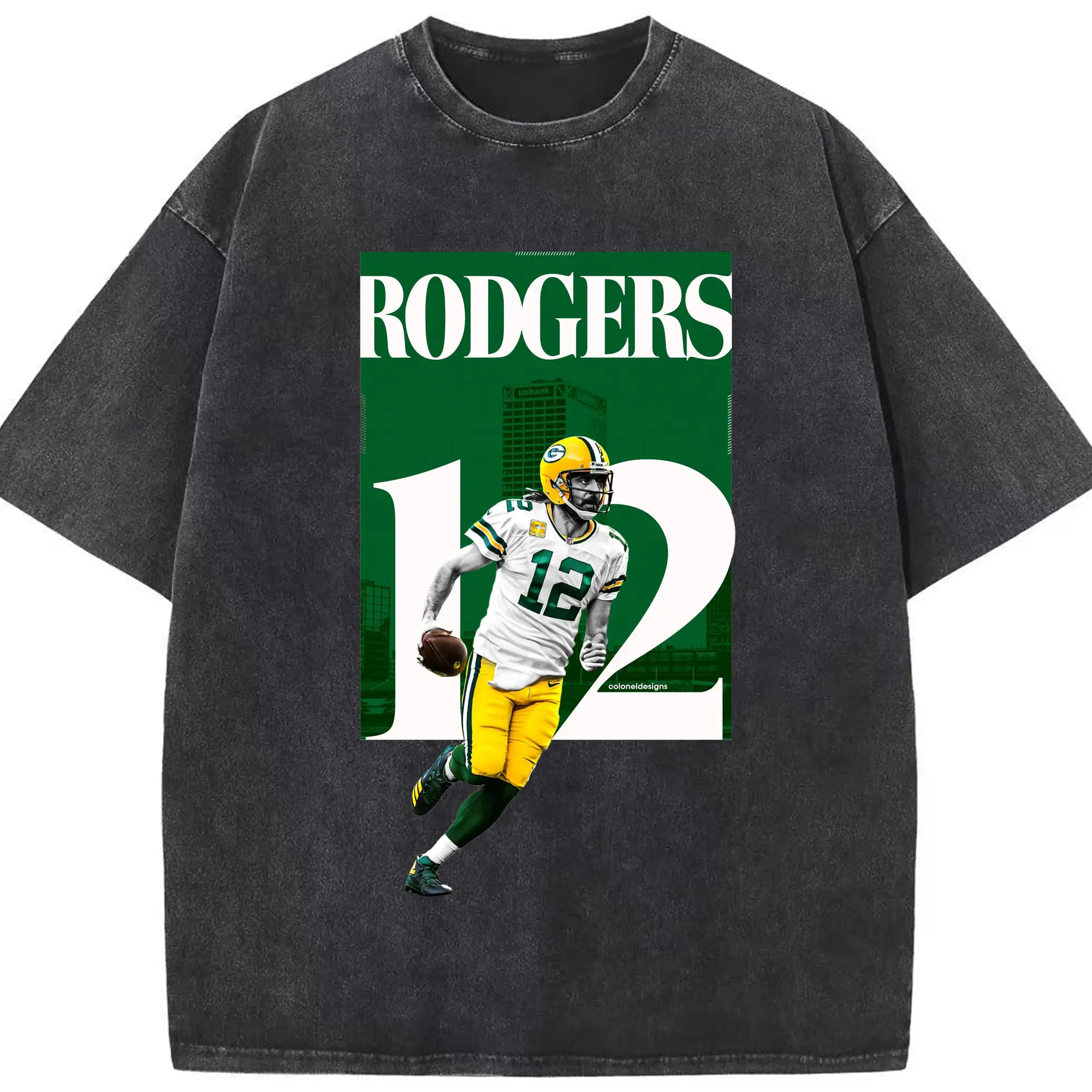 Aaron Rodgers Green Bay Packers #12 NFL Legend DIY Shirt - Washed Vintage Look 230g Cotton Oversized T-Shirt With Front Heat Transfer Print – Soft, Lightweight, Stylish Fit – Comfortable Casual Wear For Sports & Everyday Use