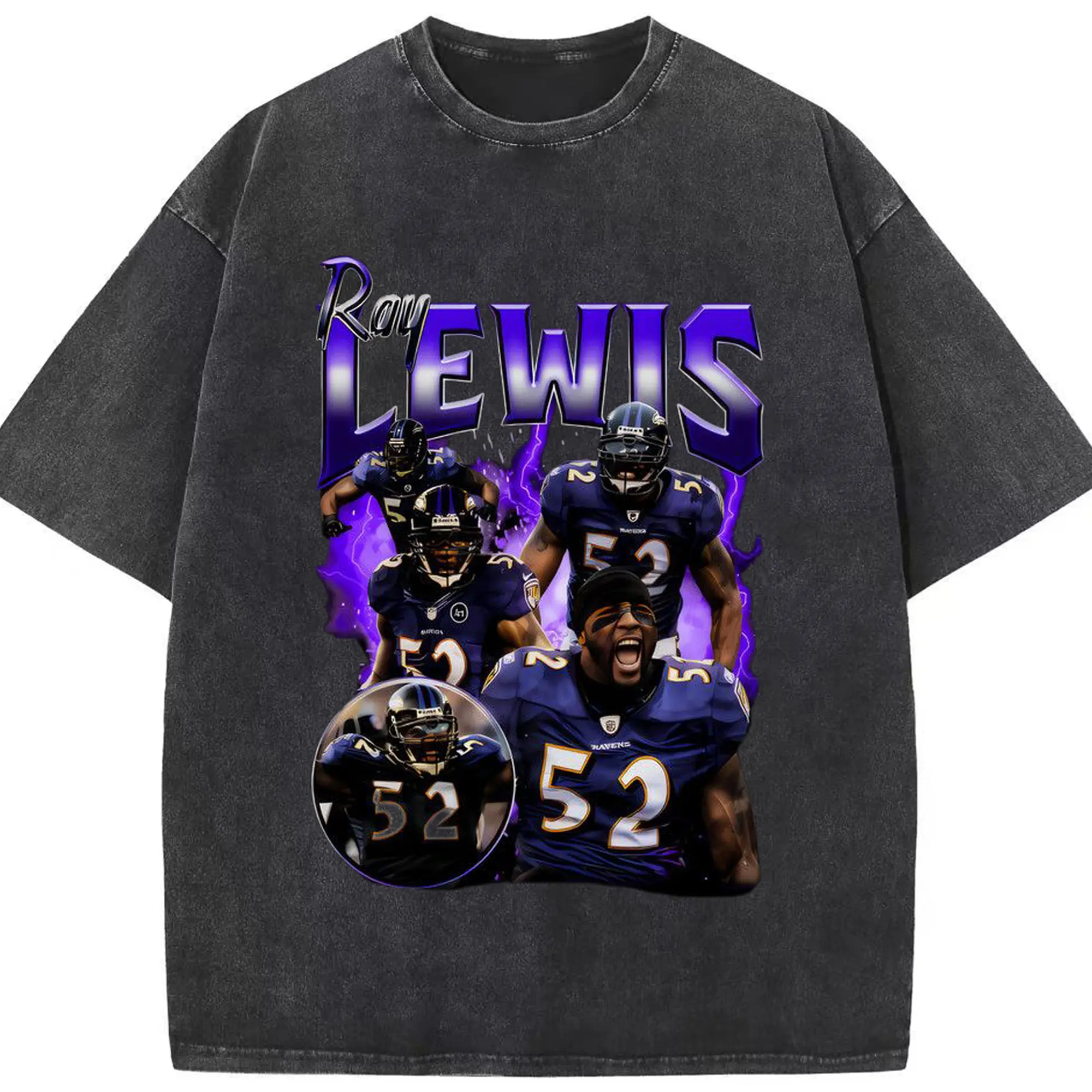 Ray Lewis #52 Baltimore Ravens NFL Great DIY Shirt - Washed Vintage Look 230g Cotton Oversized T-Shirt With Front Heat Transfer Print – Soft, Lightweight, Stylish Fit – Comfortable Casual Wear For Sports & Everyday Use