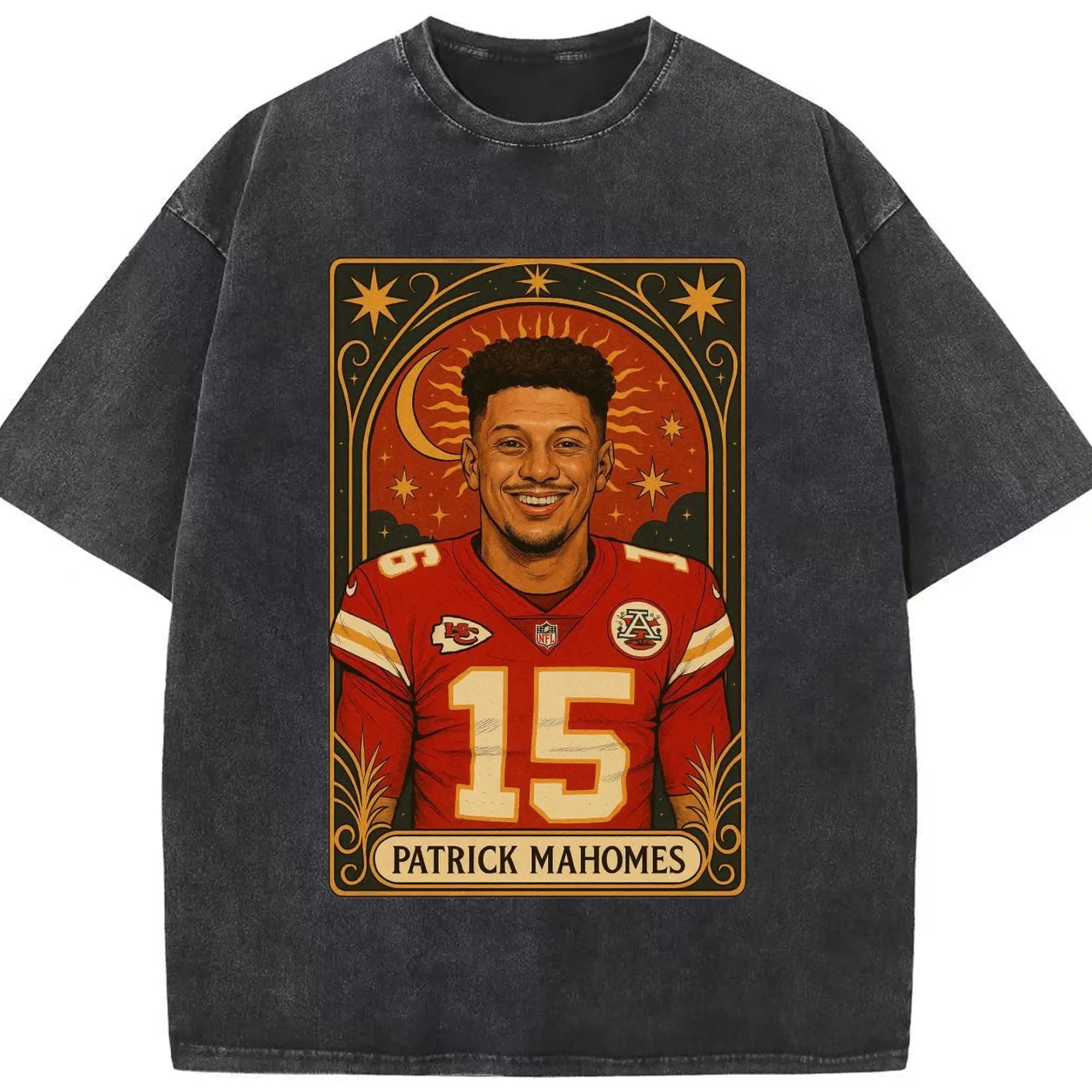 Patrick Mahomes Kansas City Chiefs #15 Retro Art DIY Shirt - Washed Vintage Look 230g Cotton Oversized T-Shirt With Front Heat Transfer Print – Soft, Lightweight, Stylish Fit – Comfortable Casual Wear For Sports & Everyday Use
