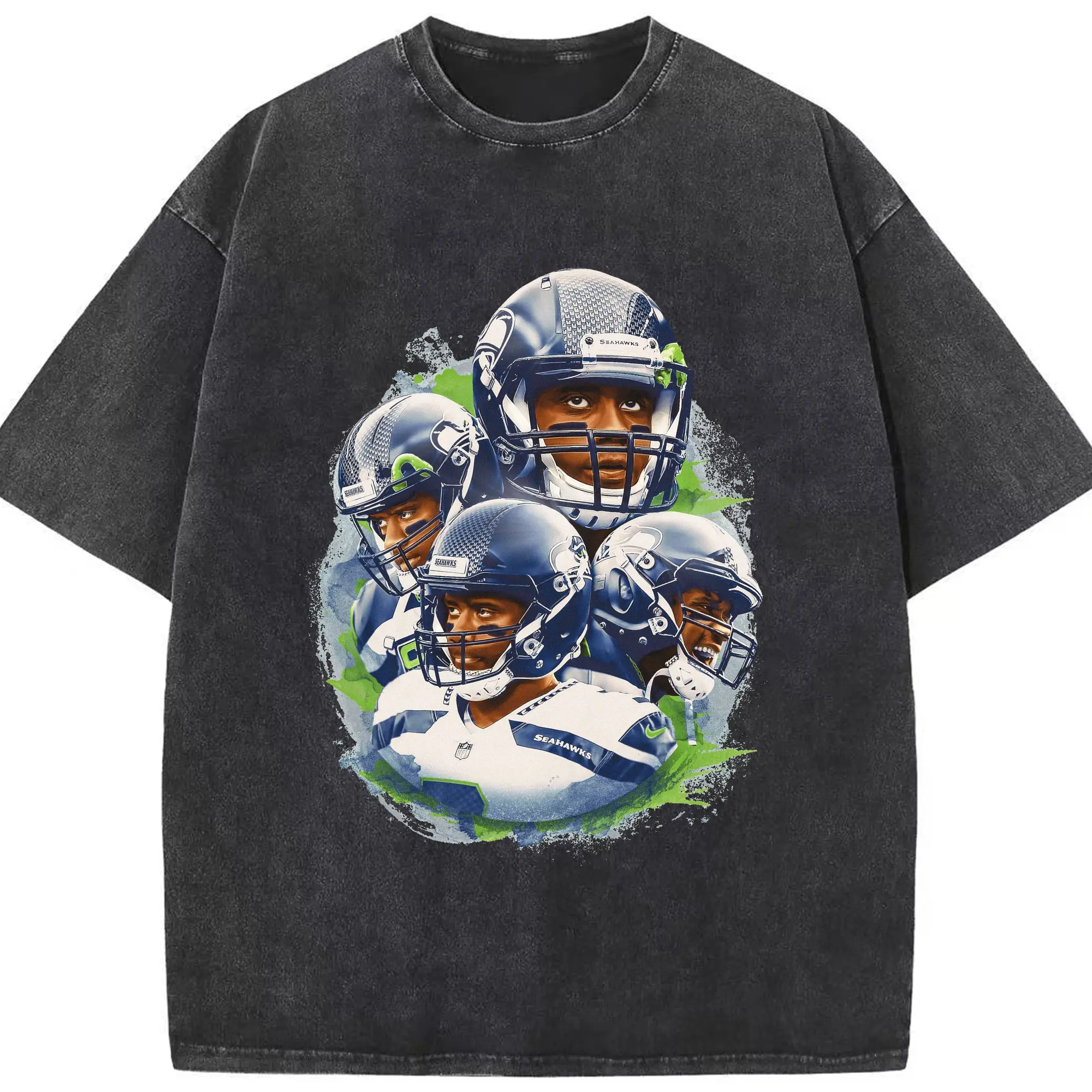 Russell Wilson Seattle Seahawks Watercolor Team Collage DIY Shirt - Washed Vintage Look 230g Cotton Oversized T-Shirt With Front Heat Transfer Print – Soft, Lightweight, Stylish Fit – Comfortable Casual Wear For Sports & Everyday Use