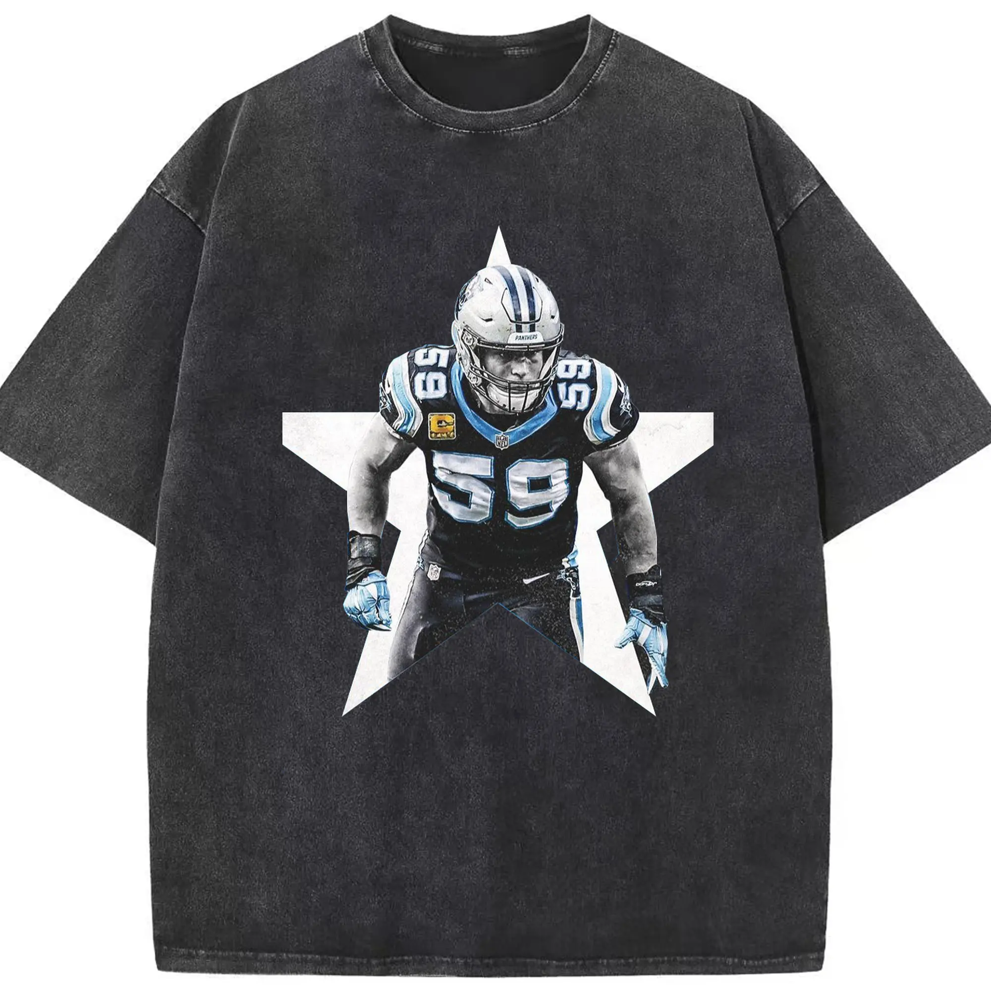 Carolina Panthers #59 NFL Star DIY Shirt - Washed Vintage Look 230g Cotton Oversized T-Shirt With Front Heat Transfer Print – Soft, Lightweight, Stylish Fit – Comfortable Casual Wear For Sports & Everyday Use