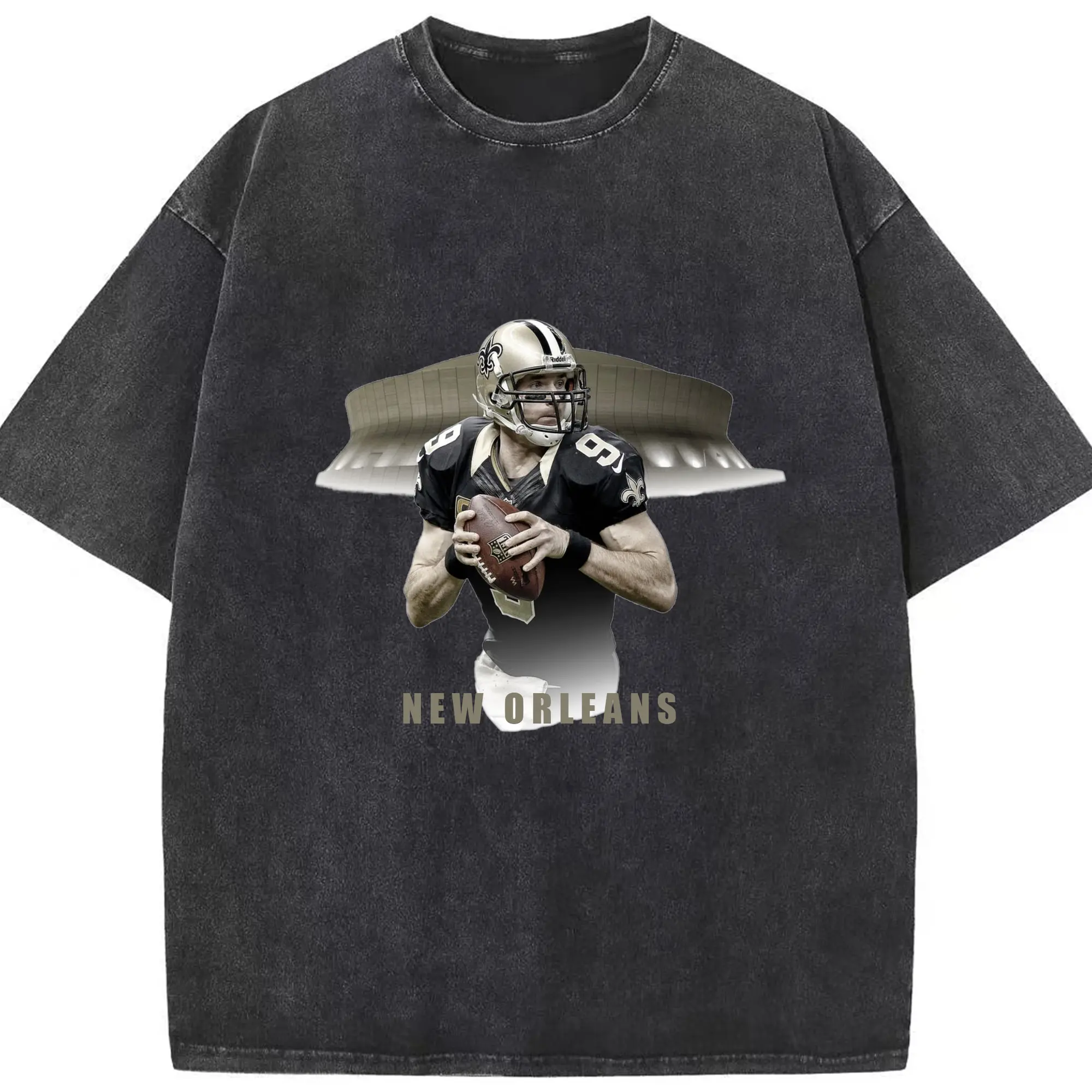 New Orleans Saints Drew Brees #9 NFL Star with Stadium DIY Shirt - Washed Vintage Look 230g Cotton Oversized T-Shirt With Front Heat Transfer Print – Soft, Lightweight, Stylish Fit – Comfortable Casual Wear For Sports & Everyday Use