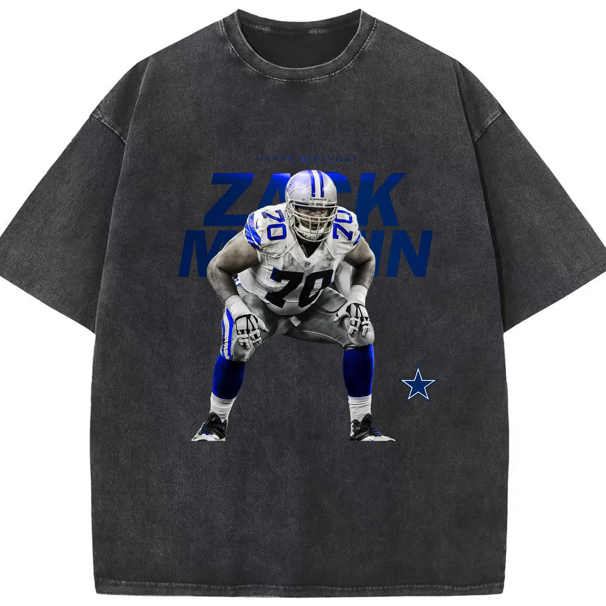 Zack Martin Dallas Cowboys #70 NFL Star DIY Shirt - Washed Vintage Look 230g Cotton Oversized T-Shirt With Front Heat Transfer Print – Soft, Lightweight, Stylish Fit – Comfortable Casual Wear For Sports & Everyday Use