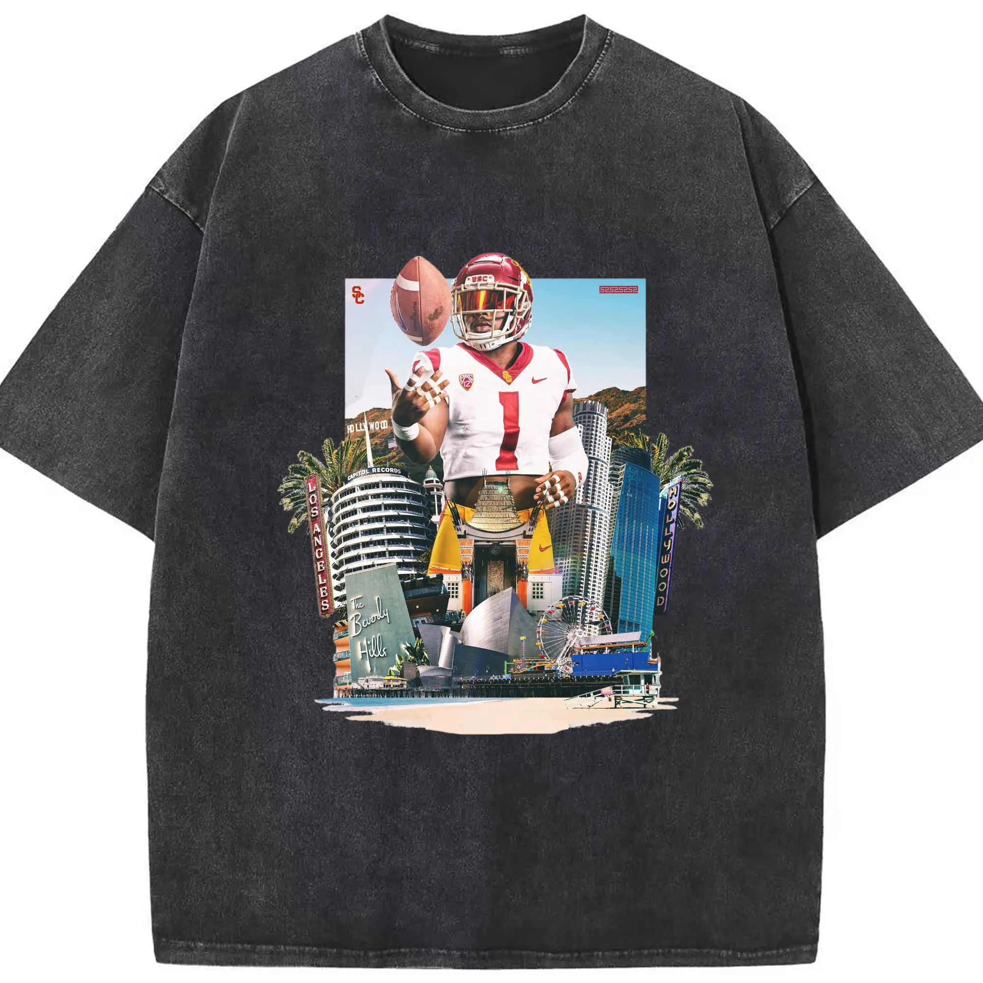 Caleb Williams “USC Trojans #1 + Los Angeles Landmarks” DIY Shirt - Washed Vintage Look 230g Cotton Oversized T-Shirt With Front Heat Transfer Print – Soft, Lightweight, Stylish Fit – Comfortable Casual Wear For Sports & Everyday Use