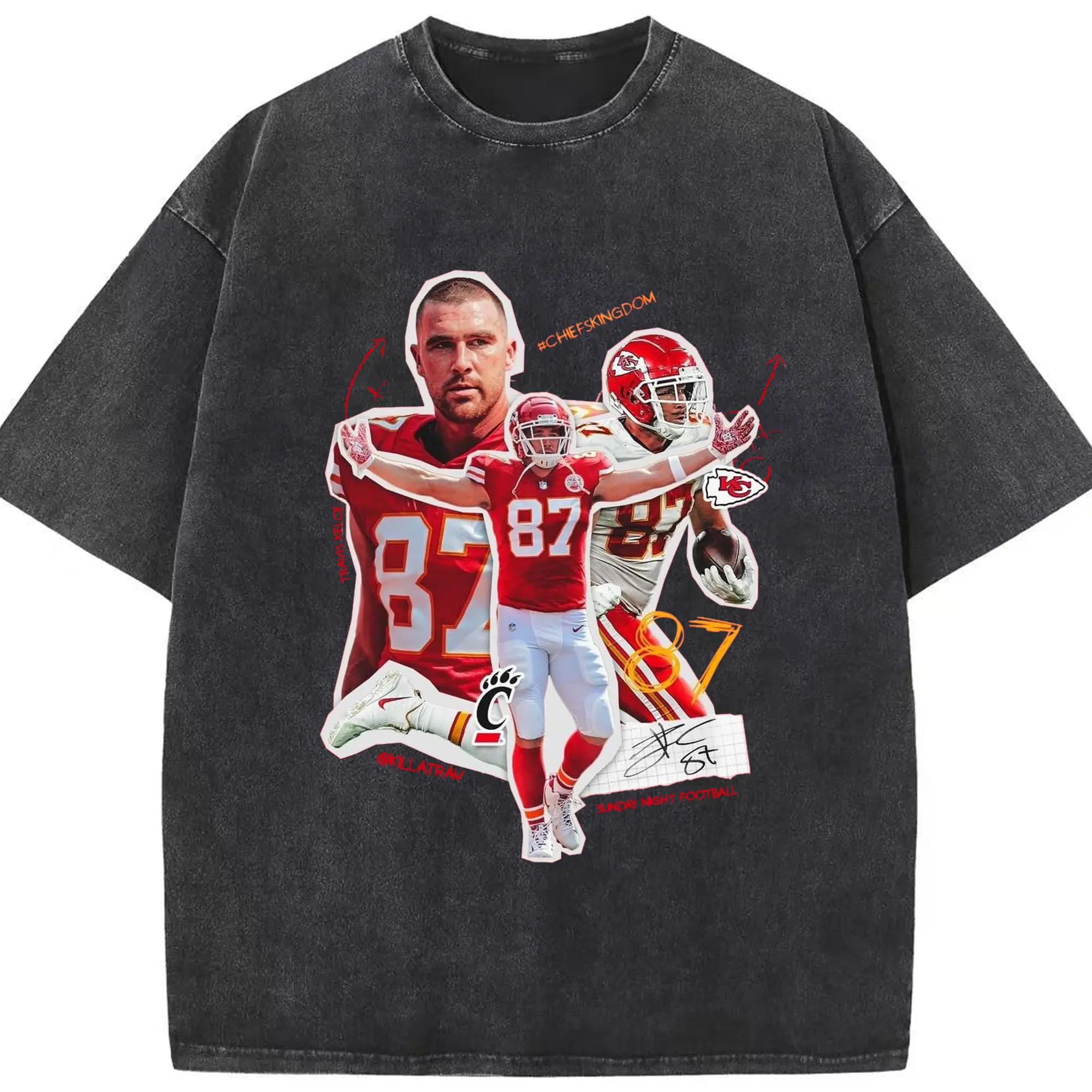 “Travis Kelce #87 Chiefs Kingdom” DIY Shirt - Washed Vintage Look 230g Cotton Oversized T-Shirt With Front Heat Transfer Print – Soft, Lightweight, Stylish Fit – Comfortable Casual Wear For Sports & Everyday Use