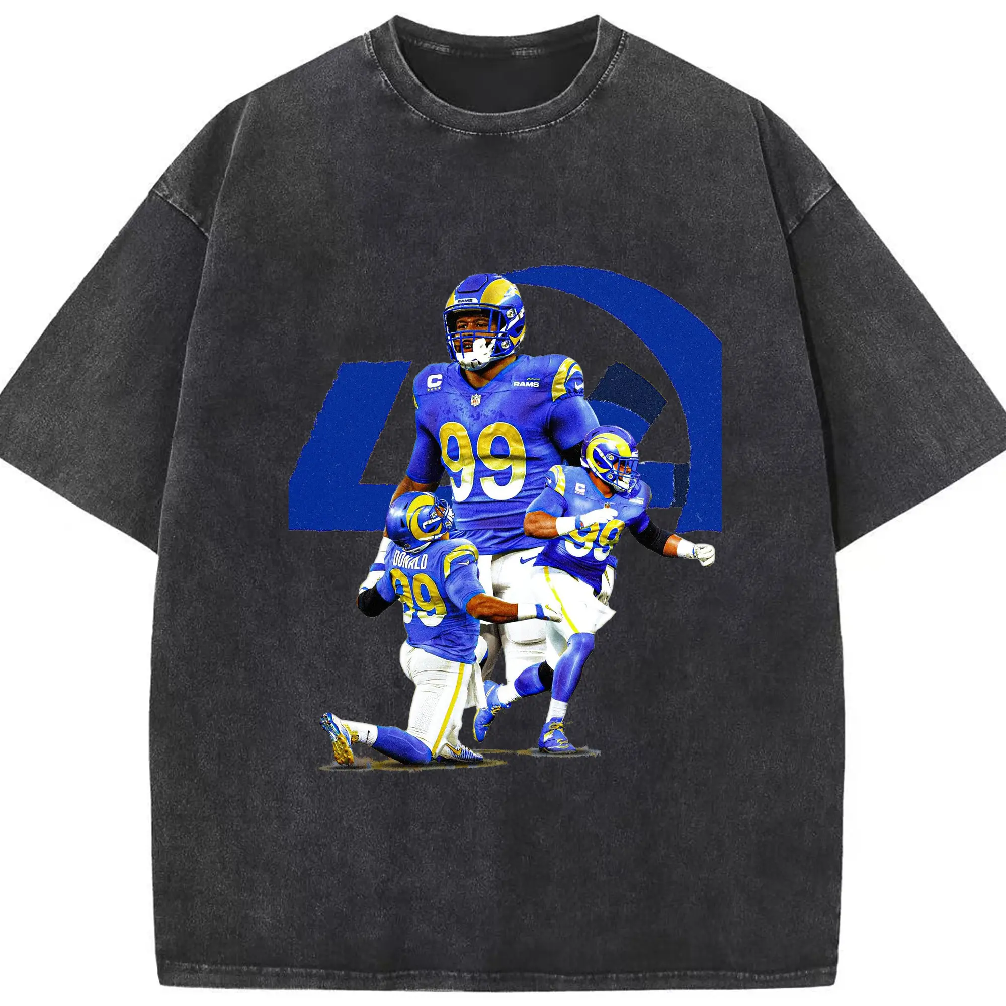 Los Angeles Rams Aaron Donald #99 NFL Star Collage DIY Shirt - Washed Vintage Look 230g Cotton Oversized T-Shirt With Front Heat Transfer Print – Soft, Lightweight, Stylish Fit – Comfortable Casual Wear For Sports & Everyday Use
