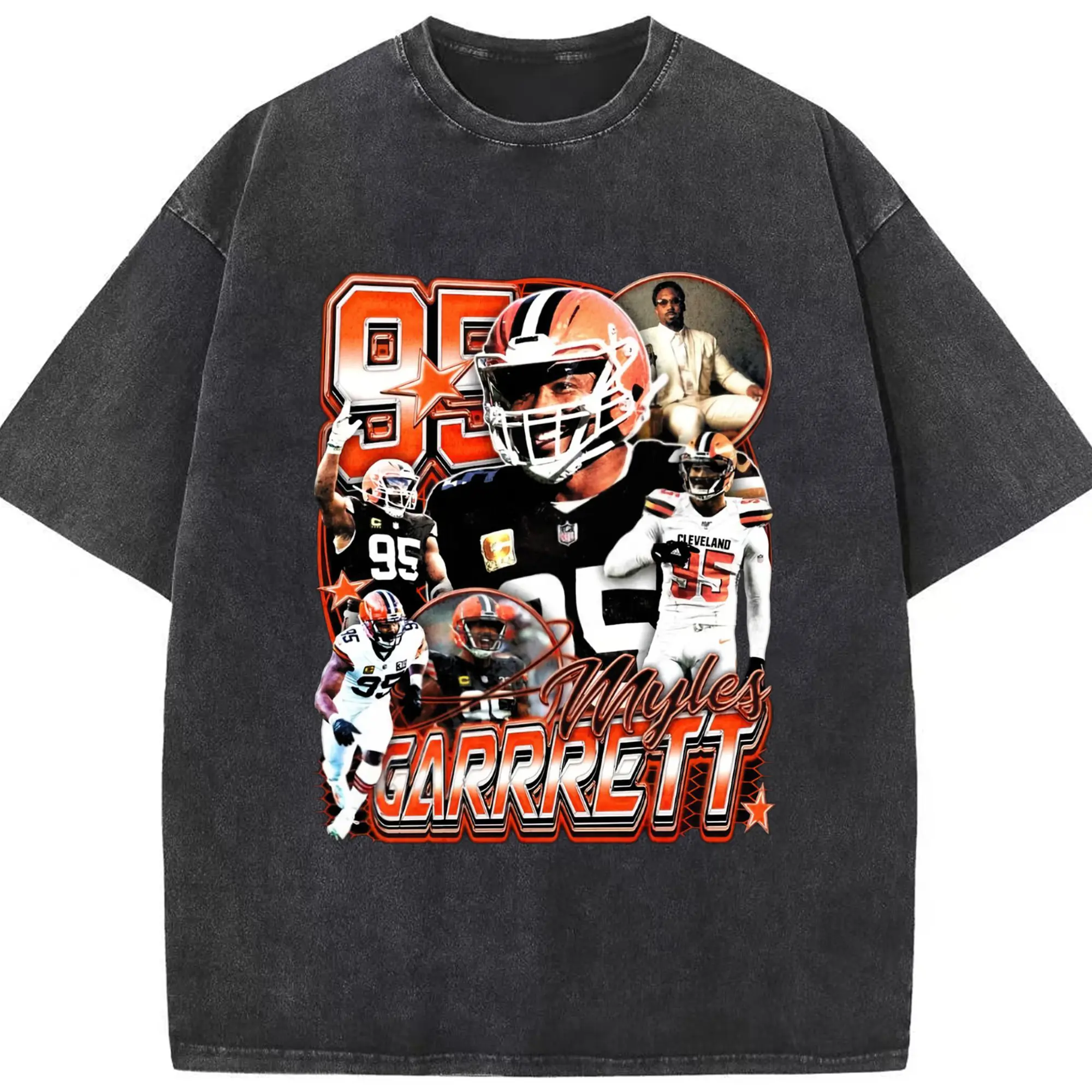 “Myles Garrett #95 Cleveland Browns NFL Legend” DIY Shirt - Washed Vintage Look 230g Cotton Oversized T-Shirt With Front Heat Transfer Print – Soft, Lightweight, Stylish Fit – Comfortable Casual Wear For Sports & Everyday Use