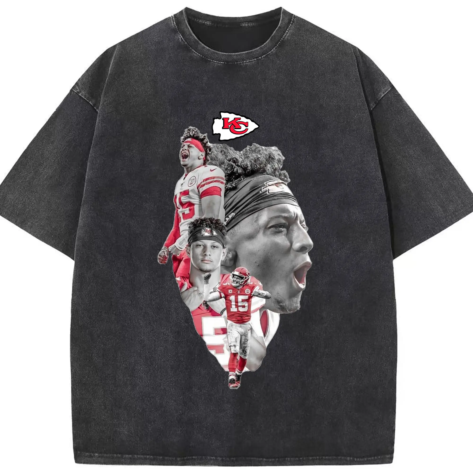 Patrick Mahomes KC Chiefs #15 NFL Star DIY Shirt - Washed Vintage Look 230g Cotton Oversized T-Shirt With Front Heat Transfer Print – Soft, Lightweight, Stylish Fit – Comfortable Casual Wear For Sports & Everyday Use