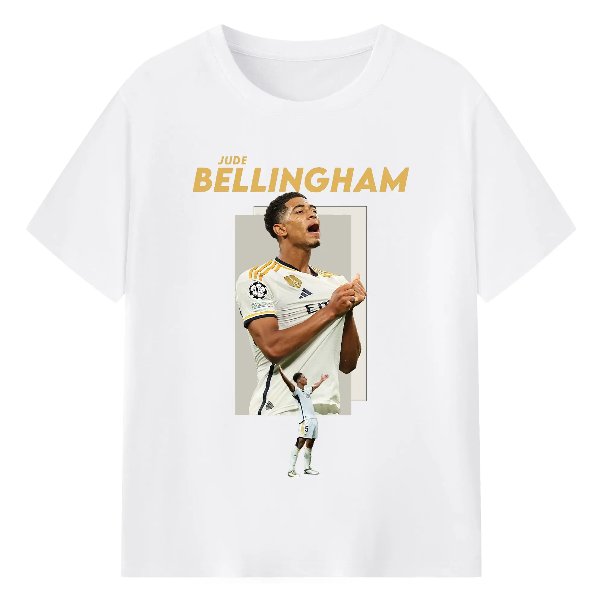 Jude Bellingham Real Madrid Soccer Celebration DIY Shirt - 180g Cotton T-Shirt With Front Heat Transfer Print – Soft, Lightweight, Fitted Design – Comfortable Casual Wear For Sports & Everyday Use