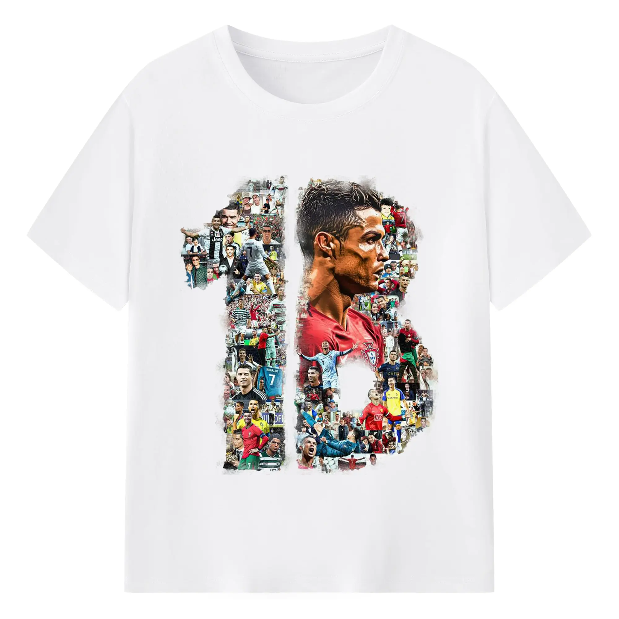 Cristiano Ronaldo CR Letter Career Collage DIY Shirt - 180g Cotton T-Shirt With Front Heat Transfer Print – Soft, Lightweight, Fitted Design – Comfortable Casual Wear For Sports & Everyday Use