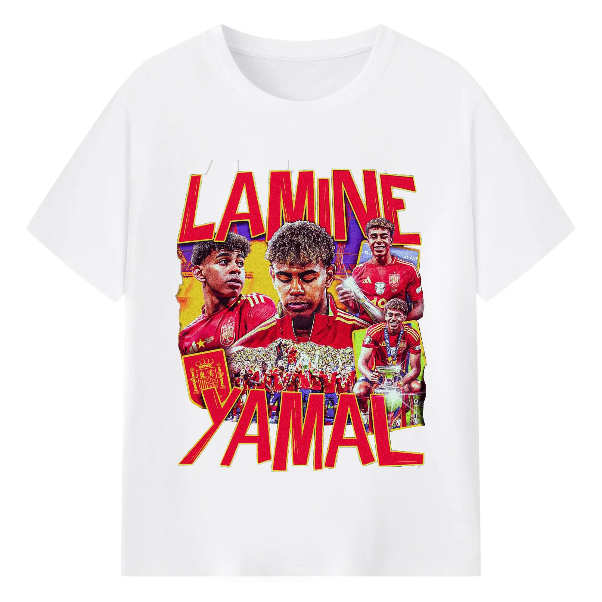 Lamine Yamal Spain National Team Soccer Collage DIY Shirt - 180g Cotton T-Shirt With Front Heat Transfer Print – Soft, Lightweight, Fitted Design – Comfortable Casual Wear For Sports & Everyday Use
