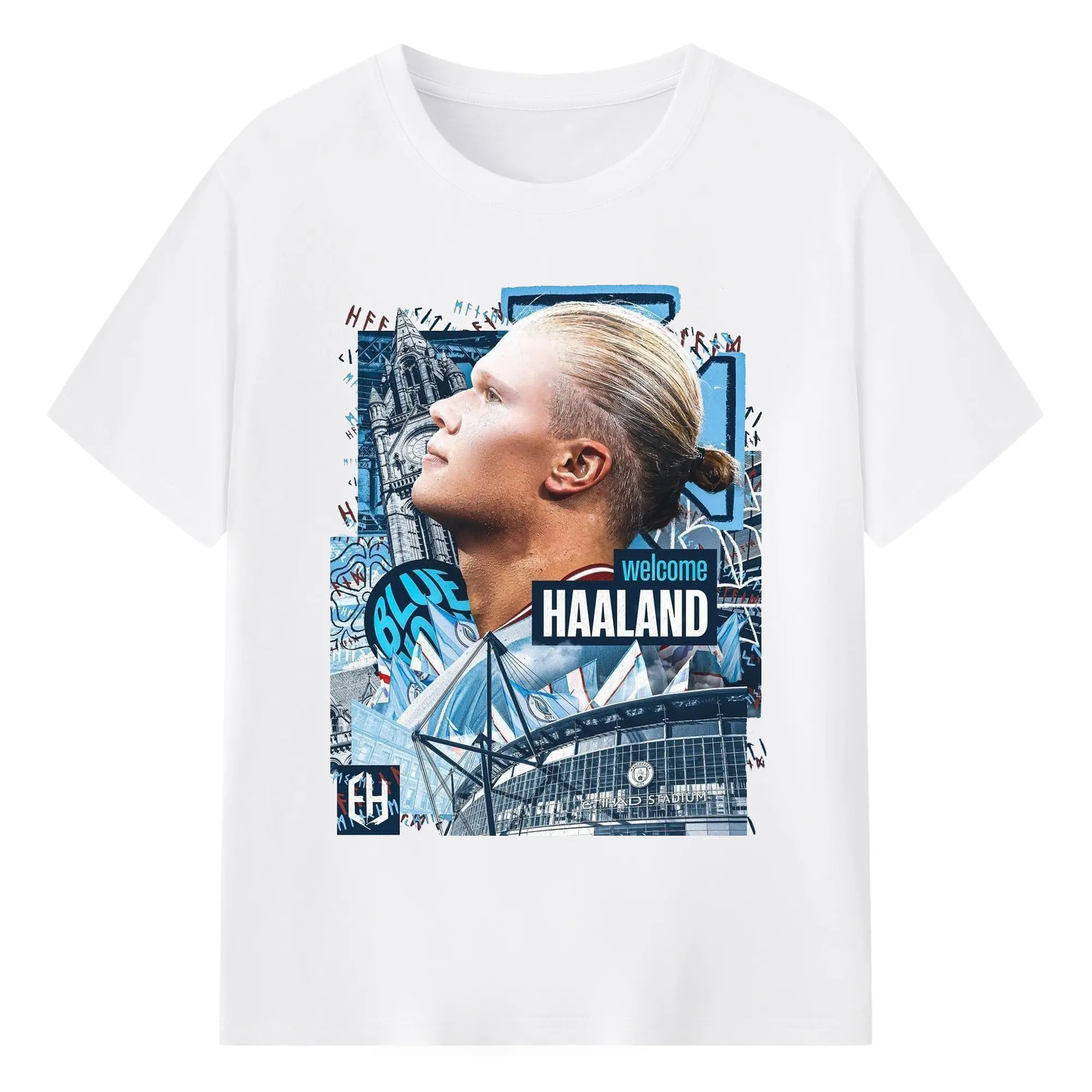 Erling Haaland Manchester City Welcome Collage DIY Shirt - 180g Cotton T-Shirt With Front Heat Transfer Print – Soft, Lightweight, Fitted Design – Comfortable Casual Wear For Sports & Everyday Use