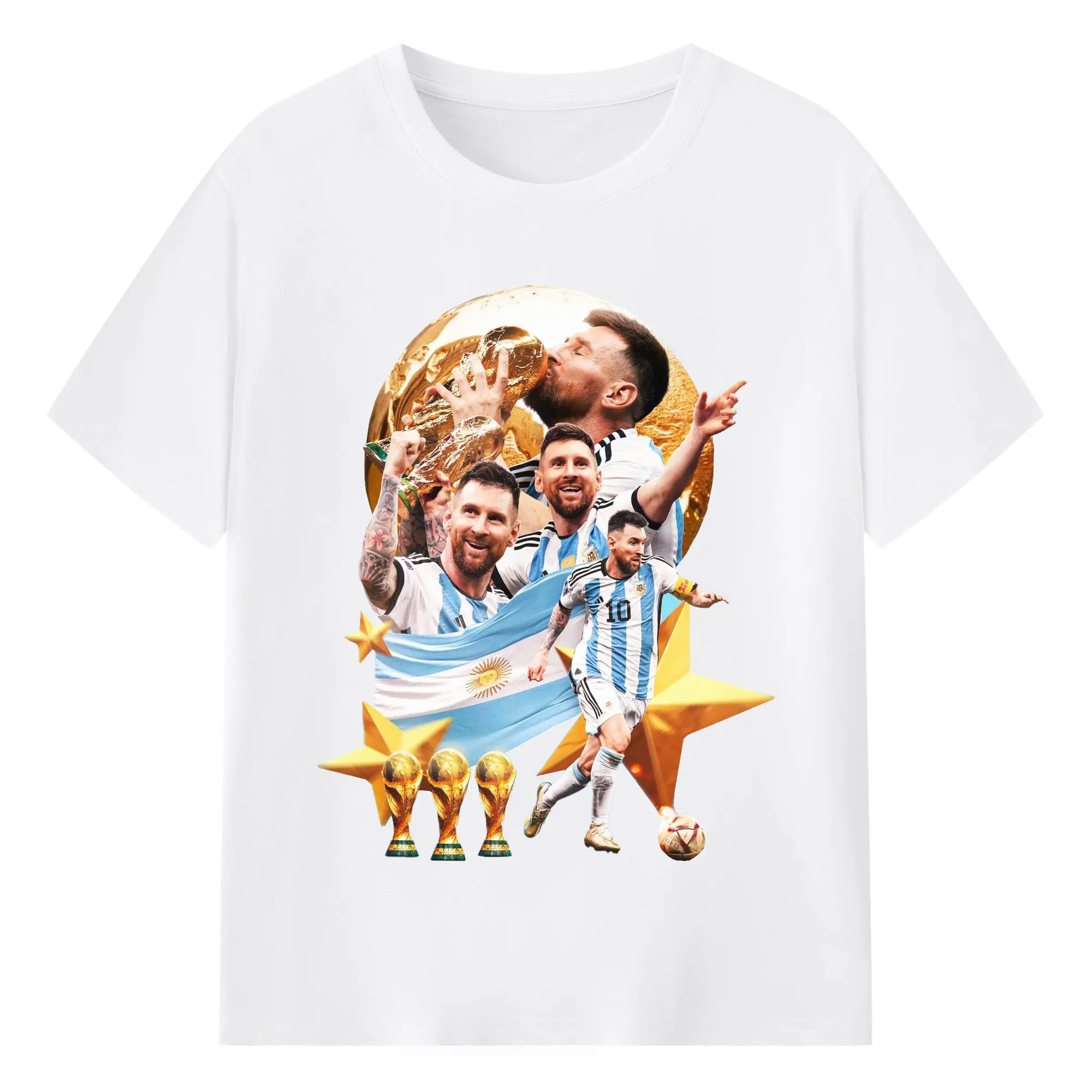 Lionel Messi Argentina World Cup Champion Collage DIY Shirt - 180g Cotton T-Shirt With Front Heat Transfer Print – Soft, Lightweight, Fitted Design – Comfortable Casual Wear For Sports & Everyday Use