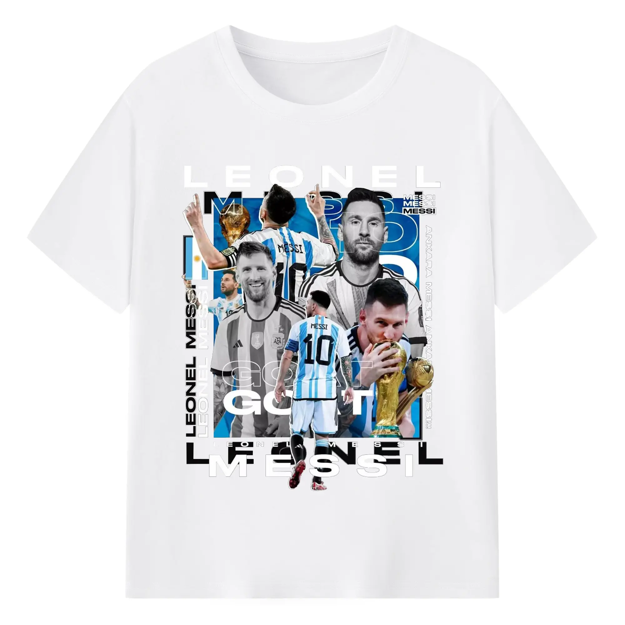 Lionel Messi Argentina World Cup GOAT Collage DIY Shirt - 180g Cotton T-Shirt With Front Heat Transfer Print – Soft, Lightweight, Fitted Design – Comfortable Casual Wear For Sports & Everyday Use