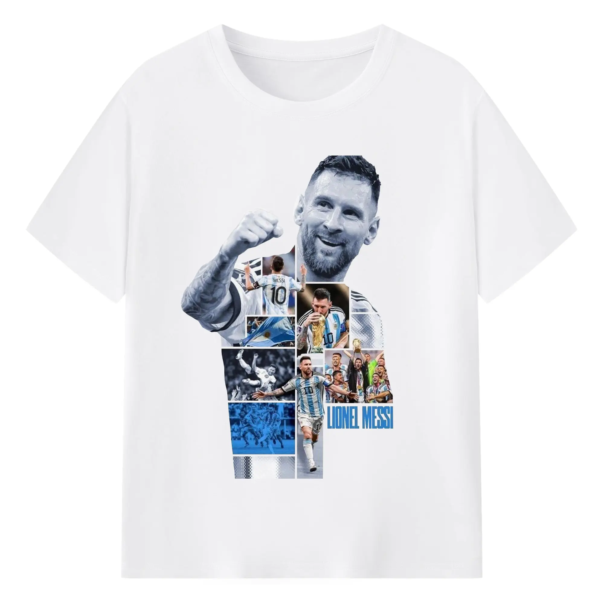Lionel Messi Argentina World Cup Collage DIY Shirt - 180g Cotton T-Shirt With Front Heat Transfer Print – Soft, Lightweight, Fitted Design – Comfortable Casual Wear For Sports & Everyday Use