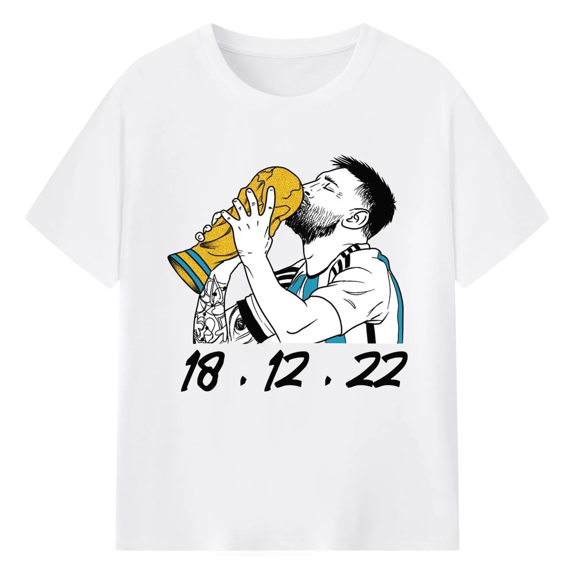 Lionel Messi 2022 World Cup Champion Kiss Trophy DIY Shirt - 180g Cotton T-Shirt With Front Heat Transfer Print – Soft, Lightweight, Fitted Design – Comfortable Casual Wear For Sports & Everyday Use