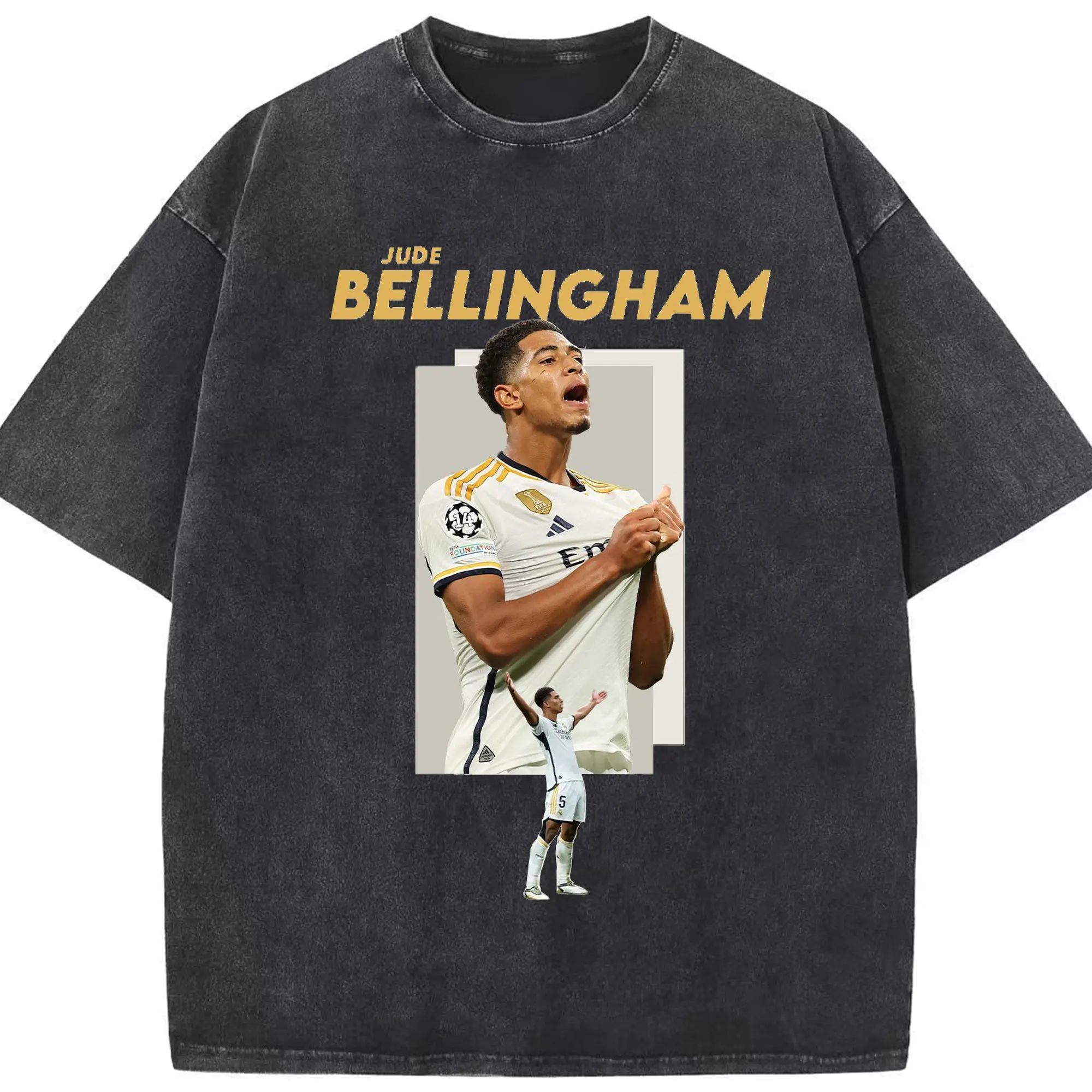Jude Bellingham Real Madrid Soccer Celebration DIY Shirt - Washed Vintage Look 230g Cotton Oversized T-Shirt With Front Heat Transfer Print – Soft, Lightweight, Stylish Fit – Comfortable Casual Wear For Sports & Everyday Use