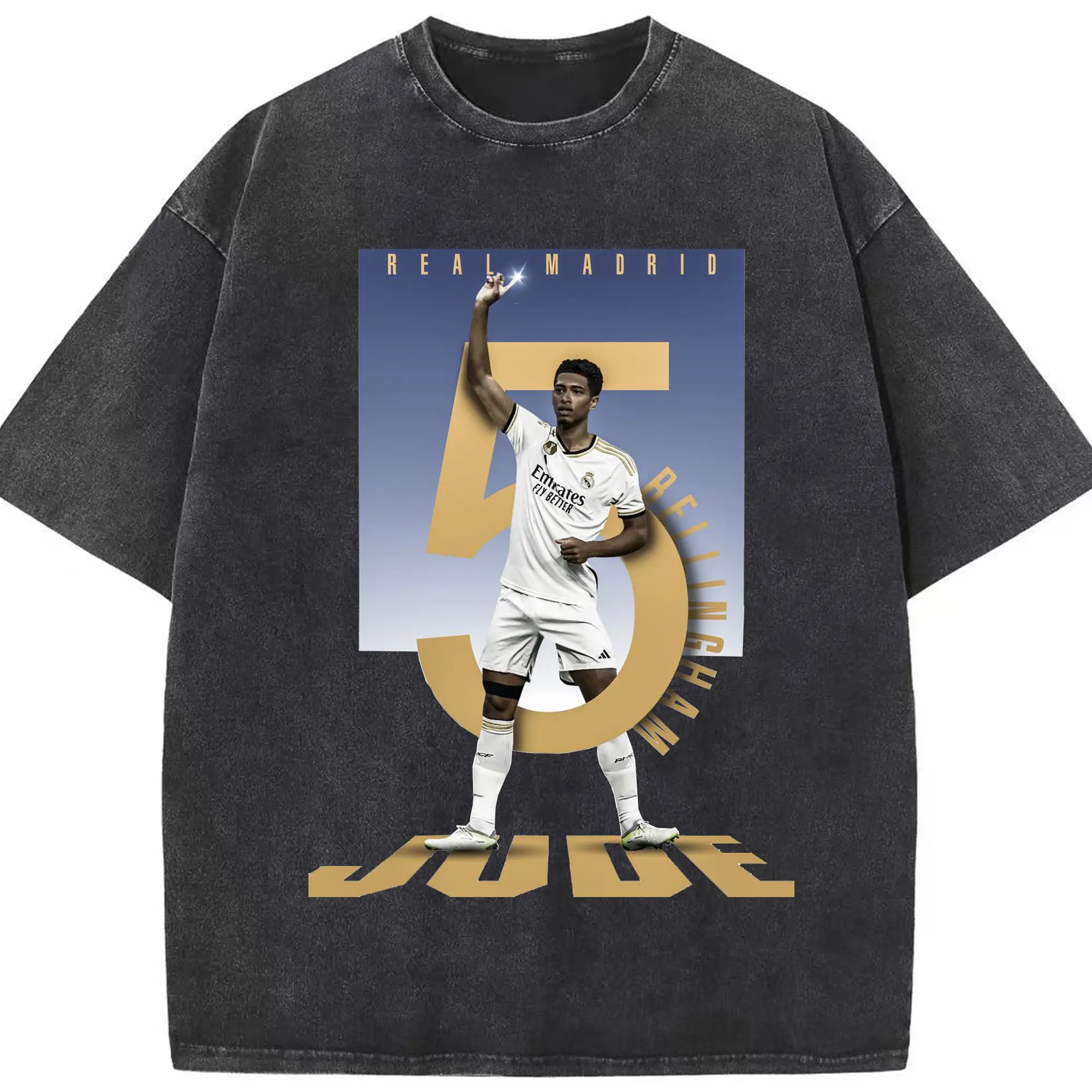 Jude Bellingham Real Madrid Number 5 DIY Shirt - Washed Vintage Look 230g Cotton Oversized T-Shirt With Front Heat Transfer Print – Soft, Lightweight, Stylish Fit – Comfortable Casual Wear For Sports & Everyday Use