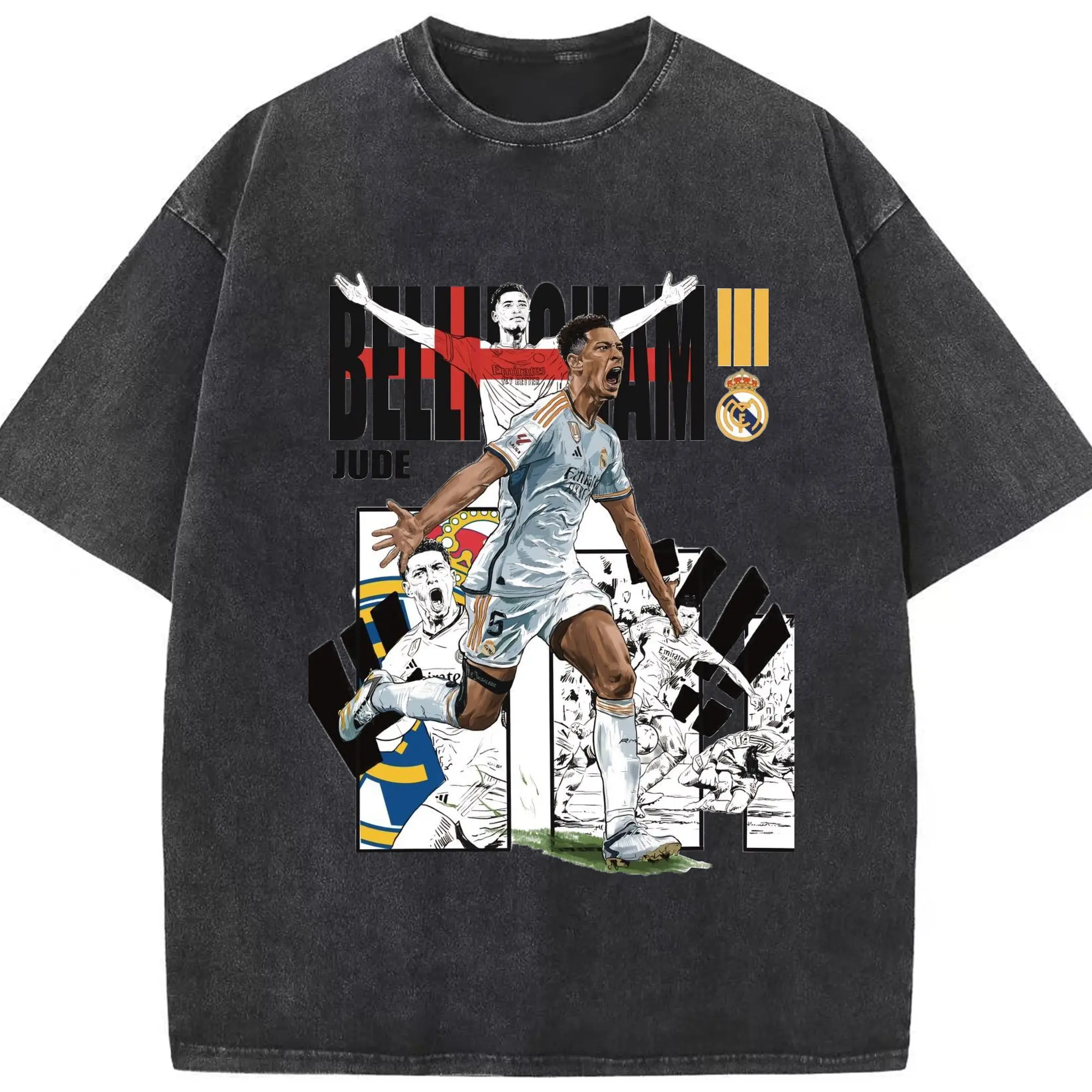 Jude Bellingham Real Madrid Anime Style DIY Shirt - Washed Vintage Look 230g Cotton Oversized T-Shirt With Front Heat Transfer Print – Soft, Lightweight, Stylish Fit – Comfortable Casual Wear For Sports & Everyday Use