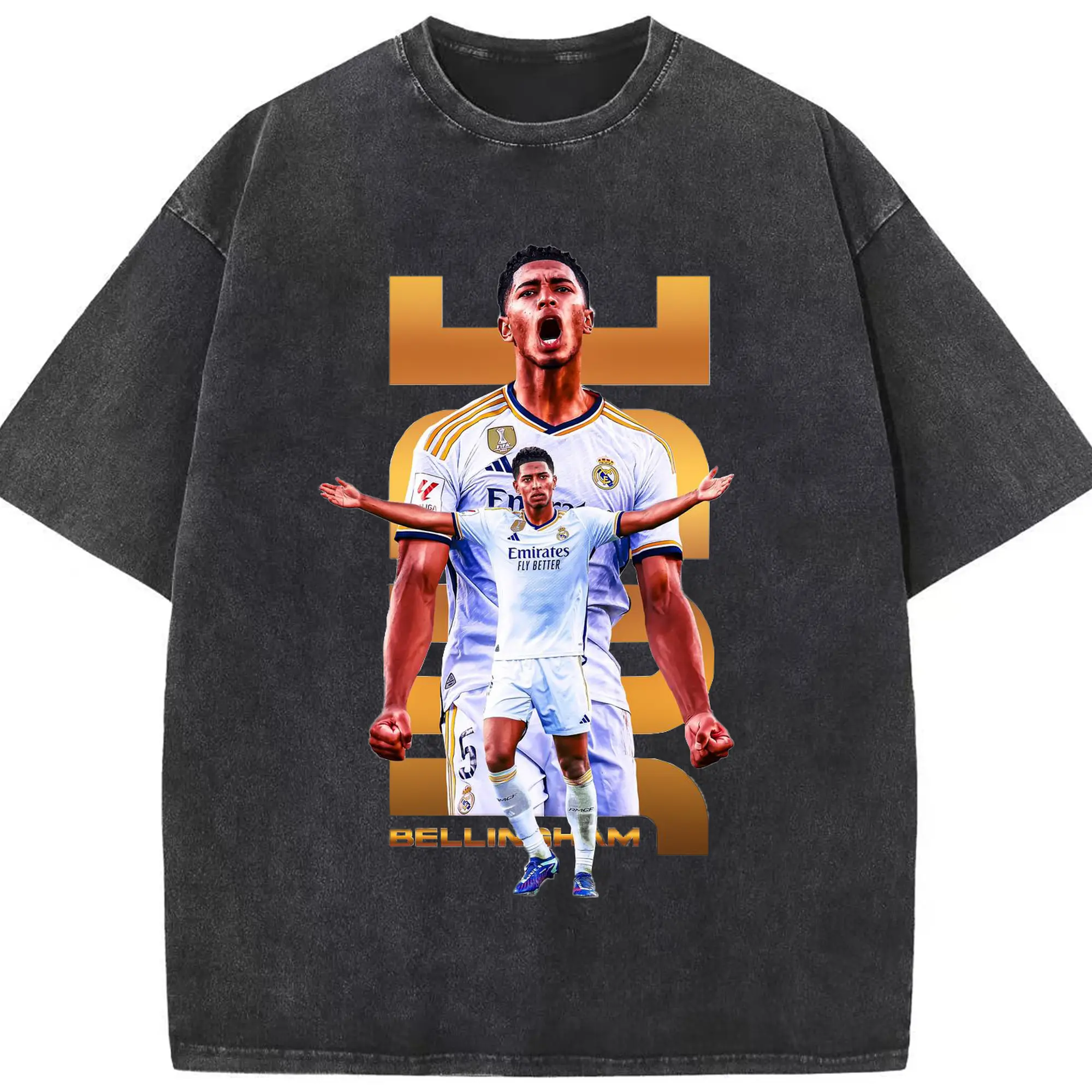 Real Madrid Jude Bellingham Star Style DIY Shirt - Washed Vintage Look 230g Cotton Oversized T-Shirt With Front Heat Transfer Print – Soft, Lightweight, Stylish Fit – Comfortable Casual Wear For Sports & Everyday Use