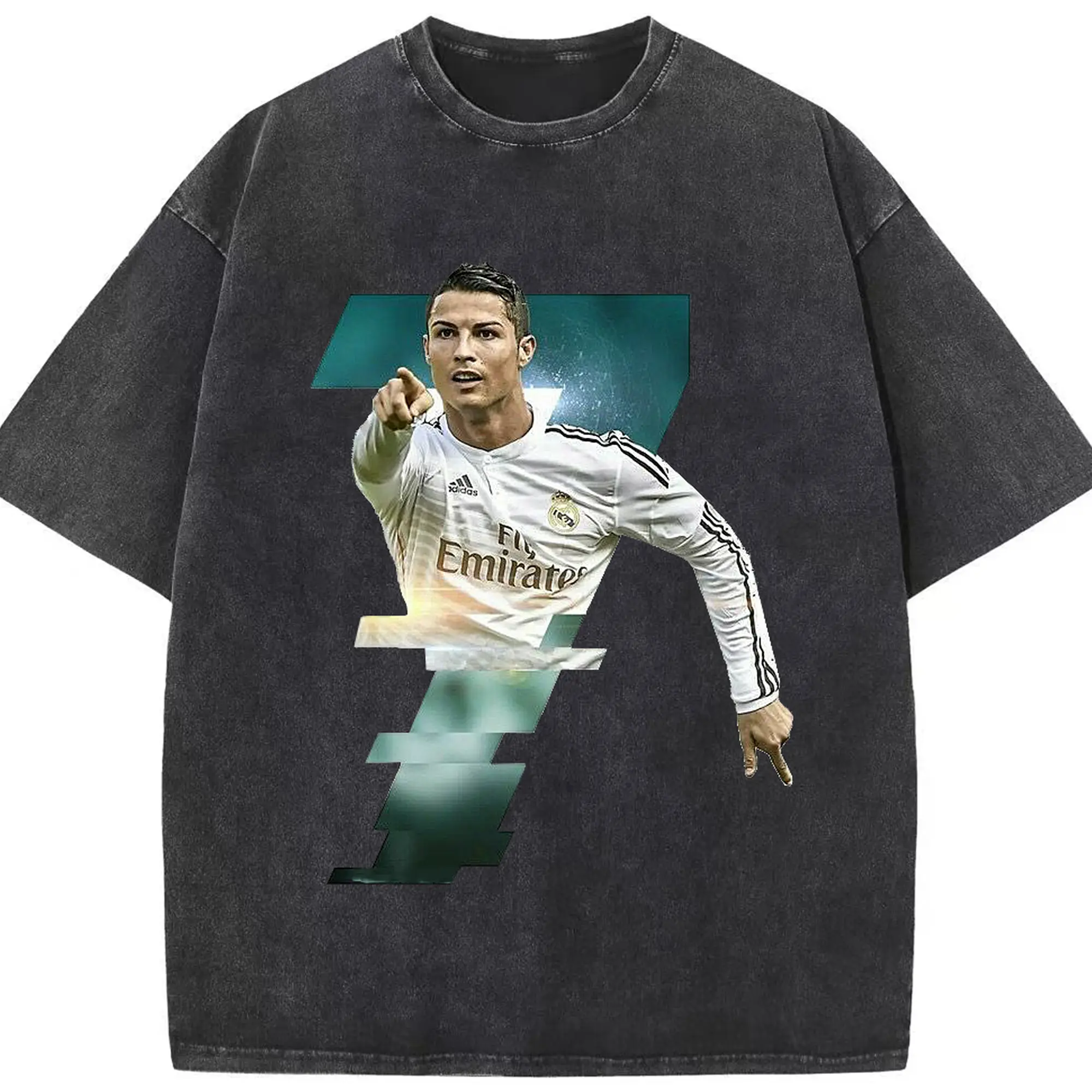 Cristiano Ronaldo Real Madrid Iconic Style DIY Shirt - Washed Vintage Look 230g Cotton Oversized T-Shirt With Front Heat Transfer Print – Soft, Lightweight, Stylish Fit – Comfortable Casual Wear For Sports & Everyday Use