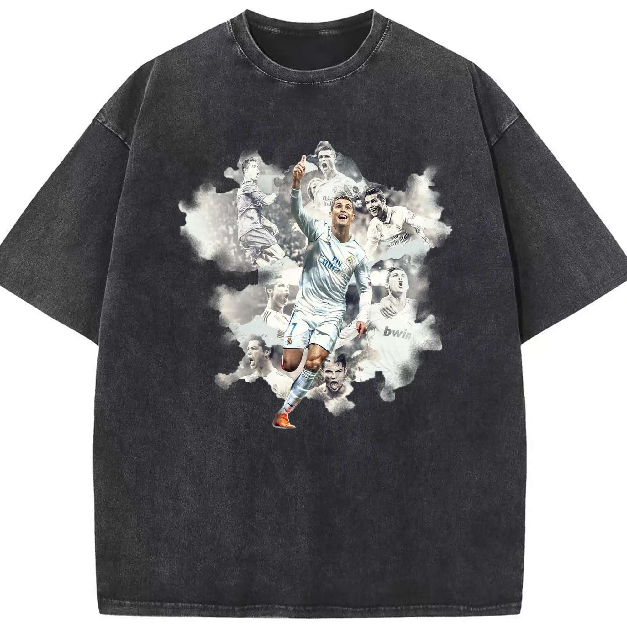 Cristiano Ronaldo Real Madrid Career Highlight DIY Shirt - Washed Vintage Look 230g Cotton Oversized T-Shirt With Front Heat Transfer Print – Soft, Lightweight, Stylish Fit – Comfortable Casual Wear For Sports & Everyday Use