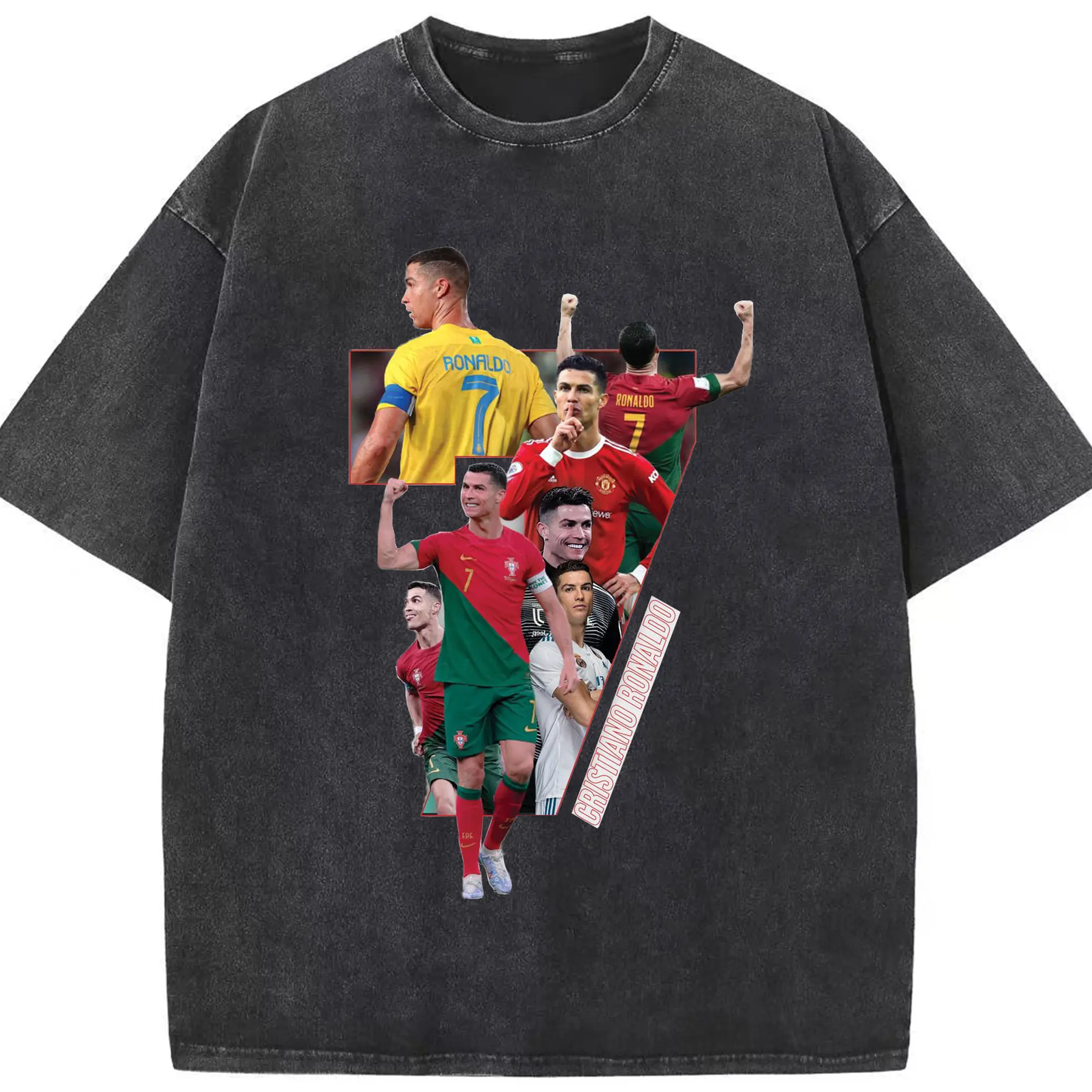 Cristiano Ronaldo Multi-Team Career Collage DIY Shirt - Washed Vintage Look 230g Cotton Oversized T-Shirt With Front Heat Transfer Print – Soft, Lightweight, Stylish Fit – Comfortable Casual Wear For Sports & Everyday Use