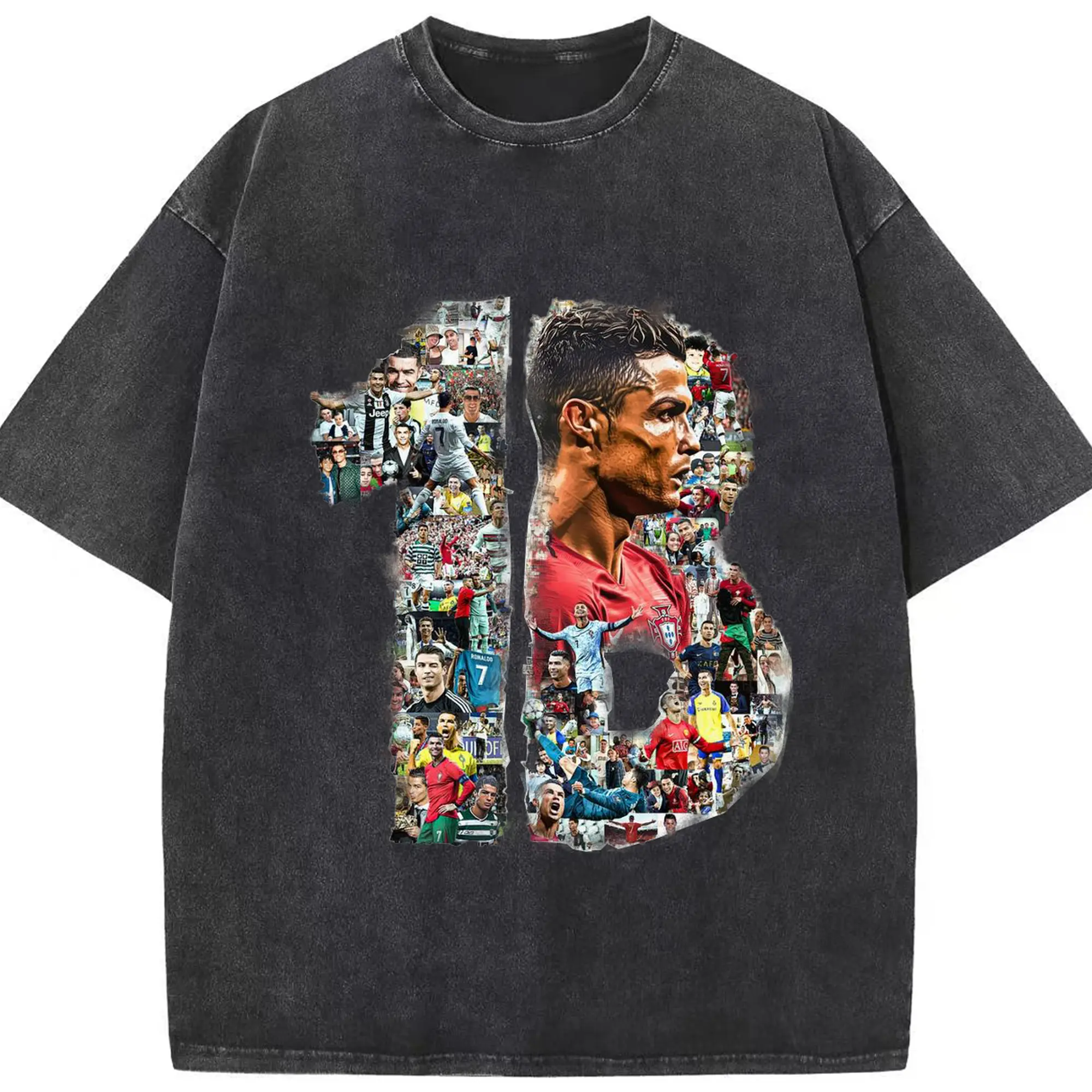 Cristiano Ronaldo CR Letter Career Collage DIY Shirt - Washed Vintage Look 230g Cotton Oversized T-Shirt With Front Heat Transfer Print – Soft, Lightweight, Stylish Fit – Comfortable Casual Wear For Sports & Everyday Use