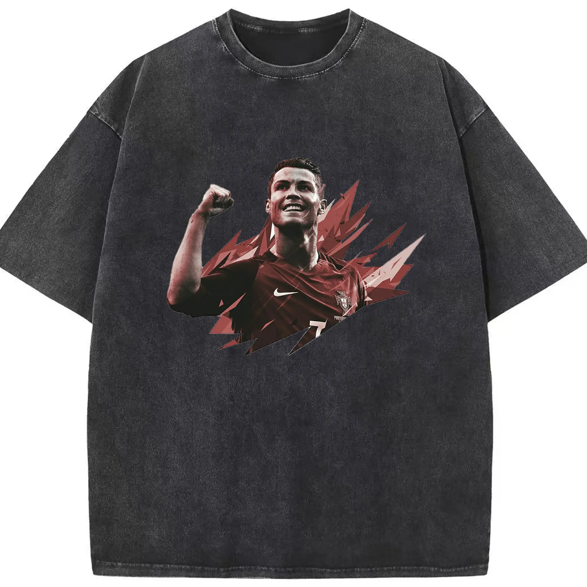 Cristiano Ronaldo Portugal National Team Celebration DIY Shirt - Washed Vintage Look 230g Cotton Oversized T-Shirt With Front Heat Transfer Print – Soft, Lightweight, Stylish Fit – Comfortable Casual Wear For Sports & Everyday Use