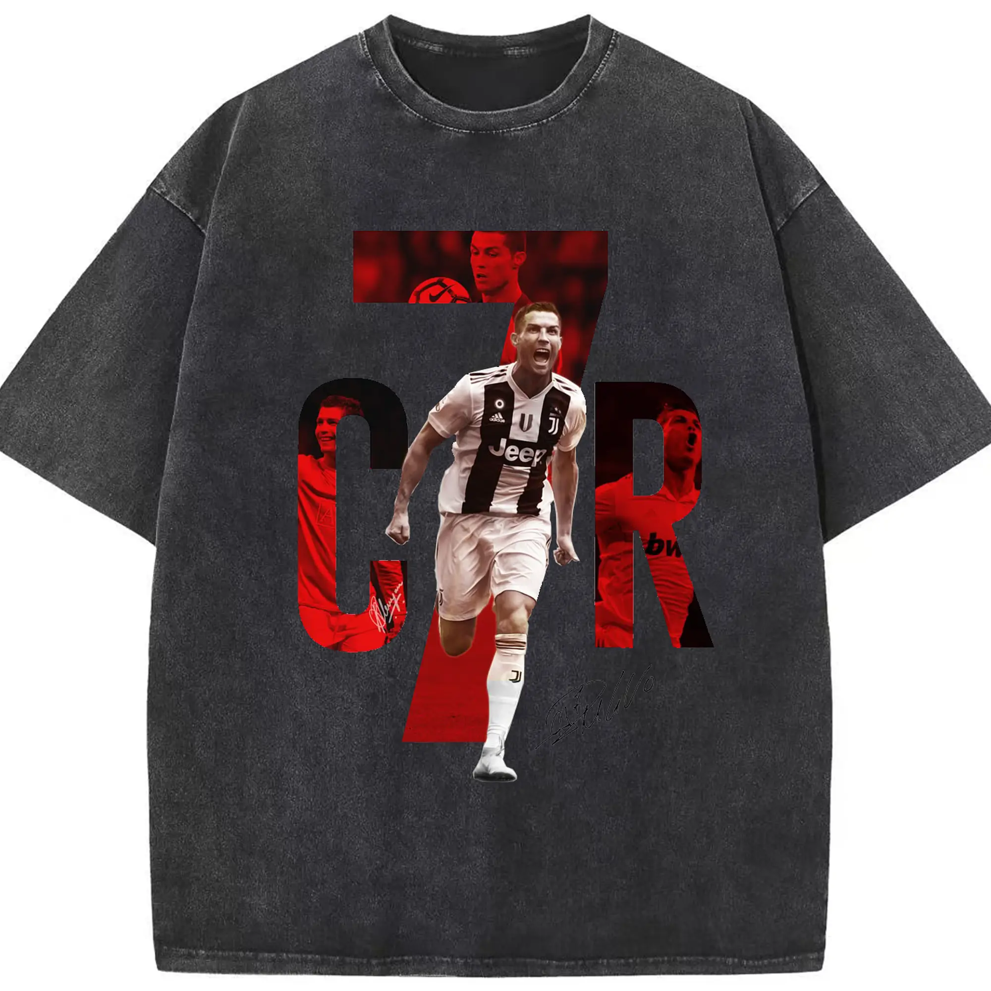 Cristiano Ronaldo CR7 Career Collage DIY Shirt - Washed Vintage Look 230g Cotton Oversized T-Shirt With Front Heat Transfer Print – Soft, Lightweight, Stylish Fit – Comfortable Casual Wear For Sports & Everyday Use